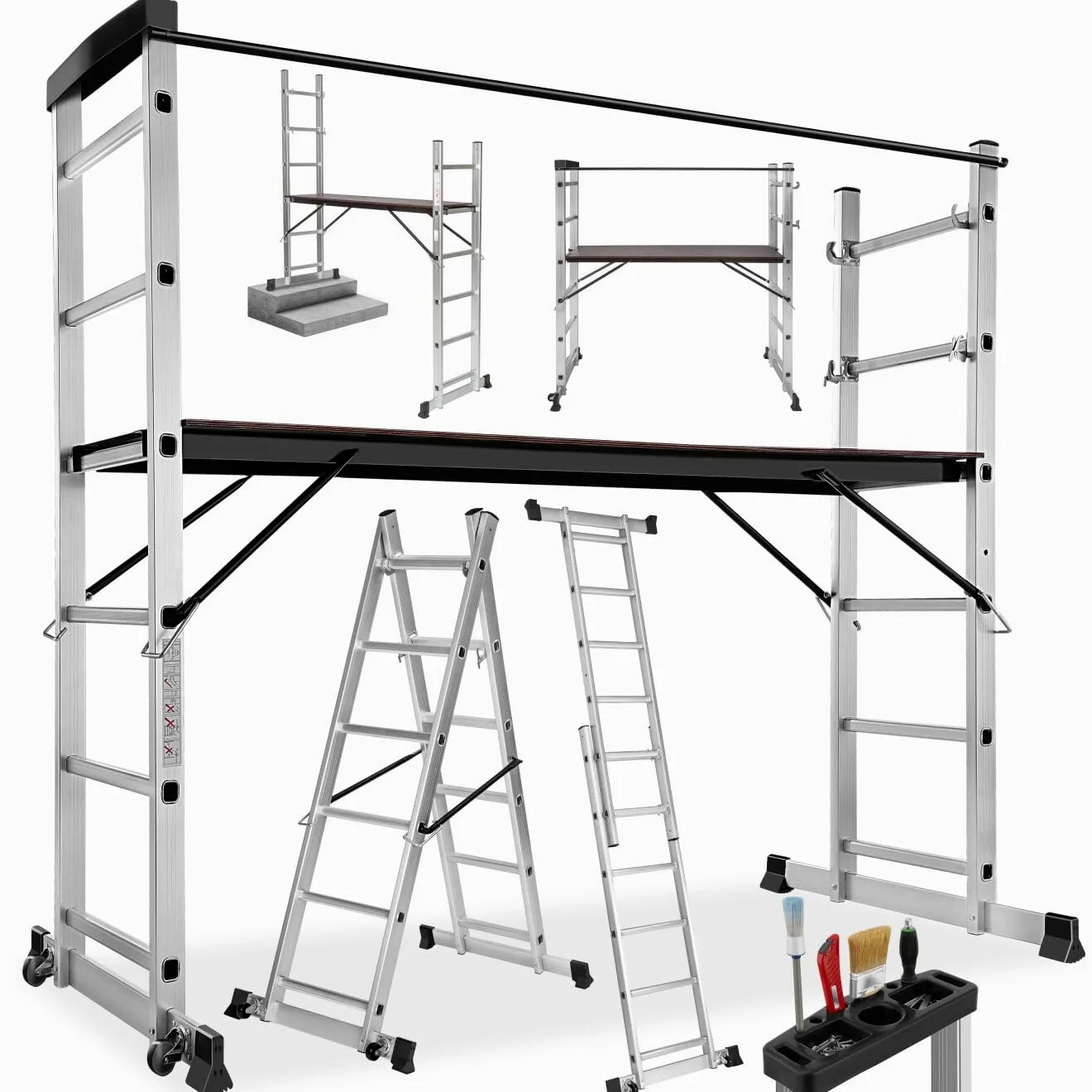 tectake® Scala Alluminio 4 in 1 Multifunzione con Piattaforma da Lavoro, Ponteggio da Lavoro con Ruote, Scala in Alluminio Pieghevole, Trabattello da Lavoro