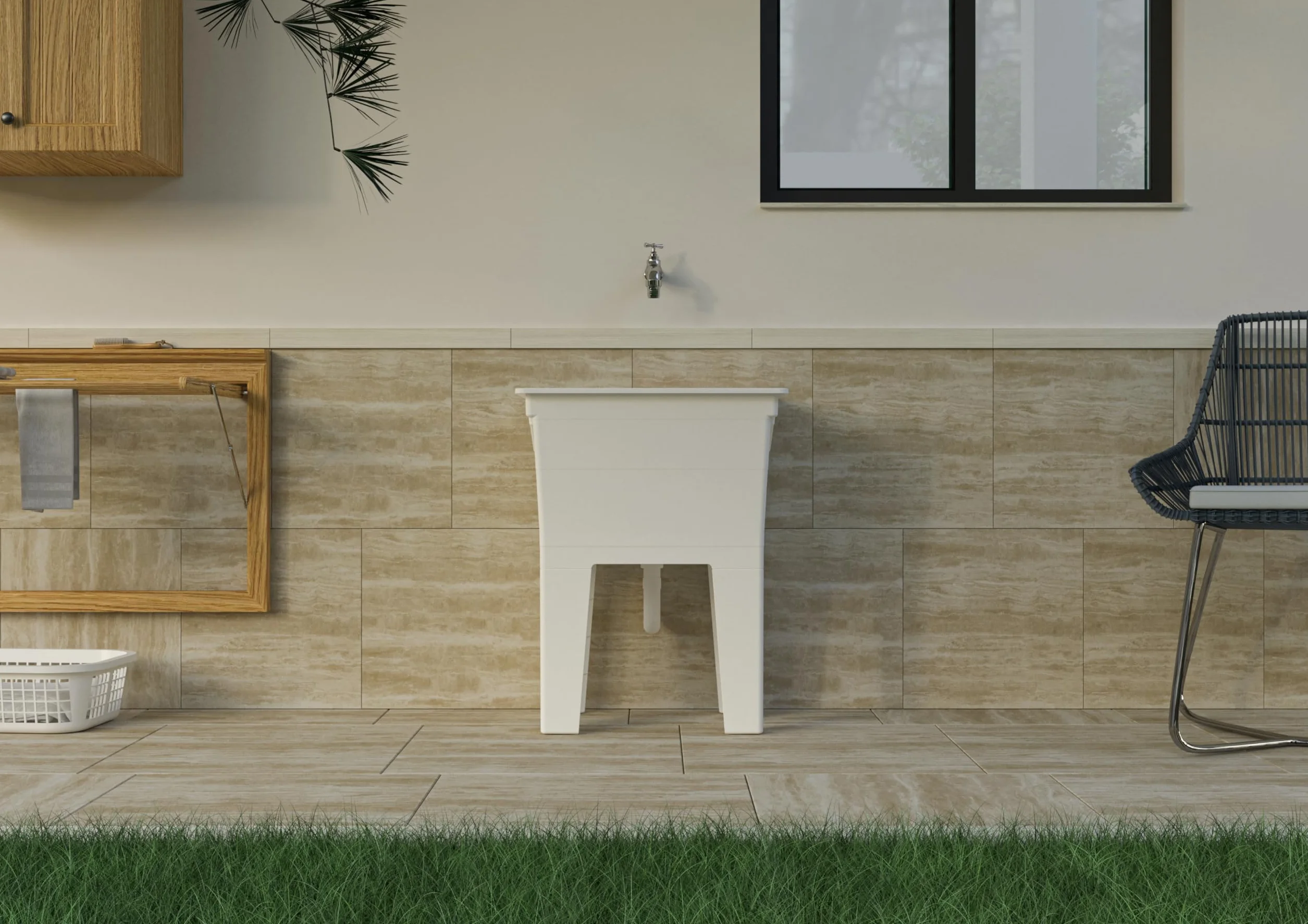 Adventa: Lavatoio Monoblocco in resina di PP con Asse di Lavaggio, Facile da montare, Resistente agli acidi di uso comune, Lavanderia, Garage, Esterno, 59L x 40P x 74H cm, Bianco