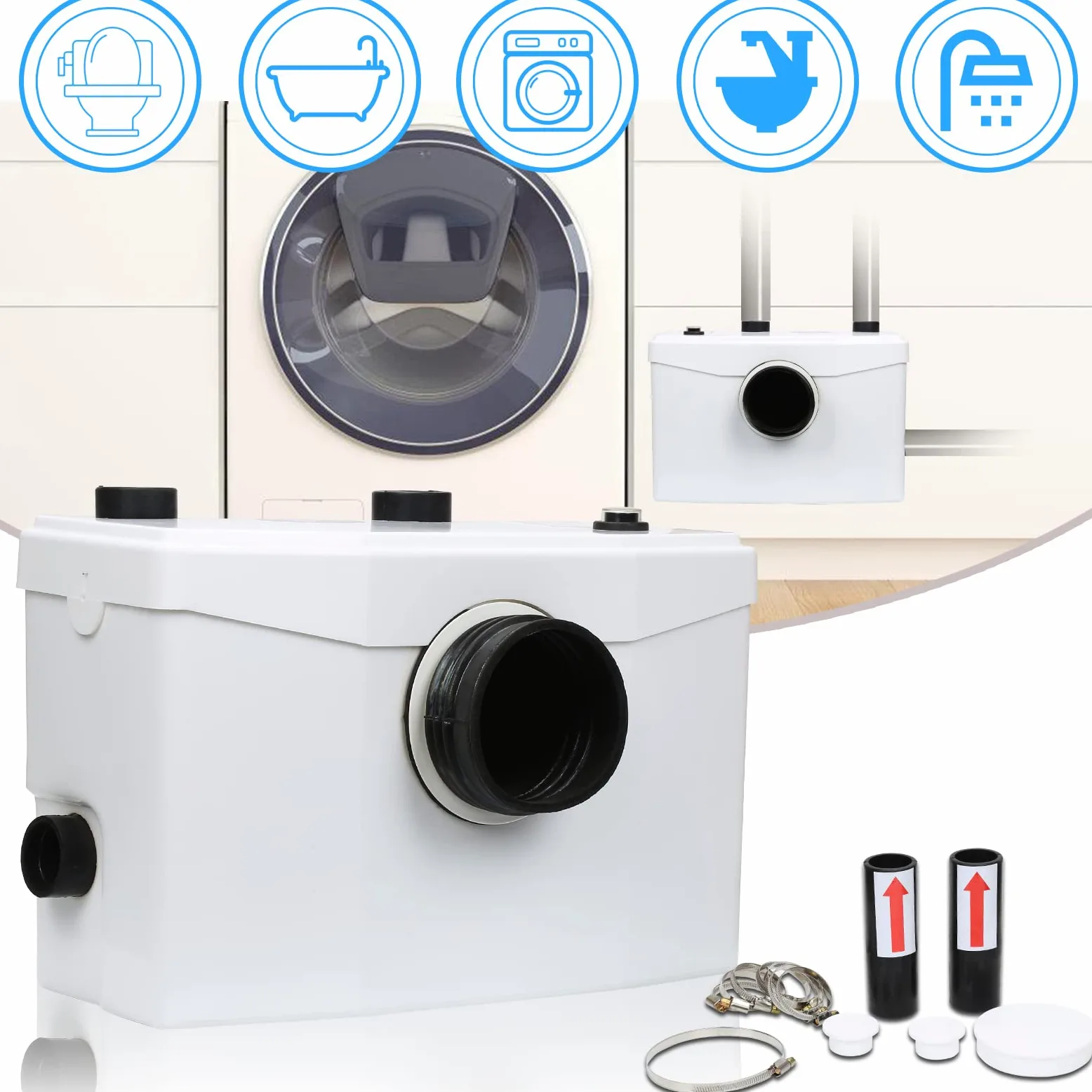 Fiqops Pompa di Sollevamento per Lavatrice, 700W 190 L/min, Pompa per Acque Reflue con 4 Ingressi, Pompa Domestica per Doccia, Vasca da Bagno, Lavandino, Lavatrice, Lavastoviglie