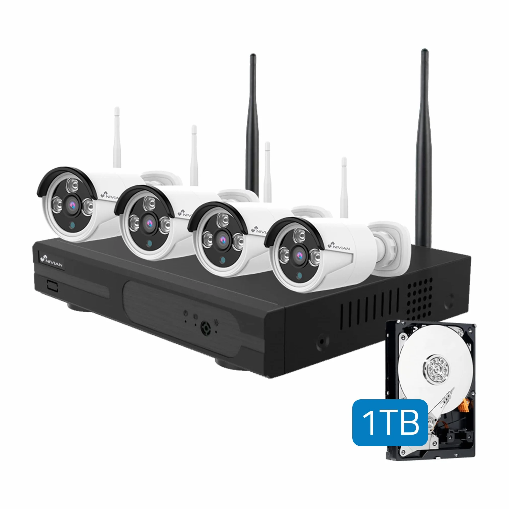 NIVIAN Kit Videosorveglianza WiFi SUPERHD 2K – Sicurezza Facile da Installare per Casa o Negozio, Visione Notturna, Rilevamento Umano Intelligente, Controllo da App – 4 Telecamere + NVR 8CH + HDD 1TB