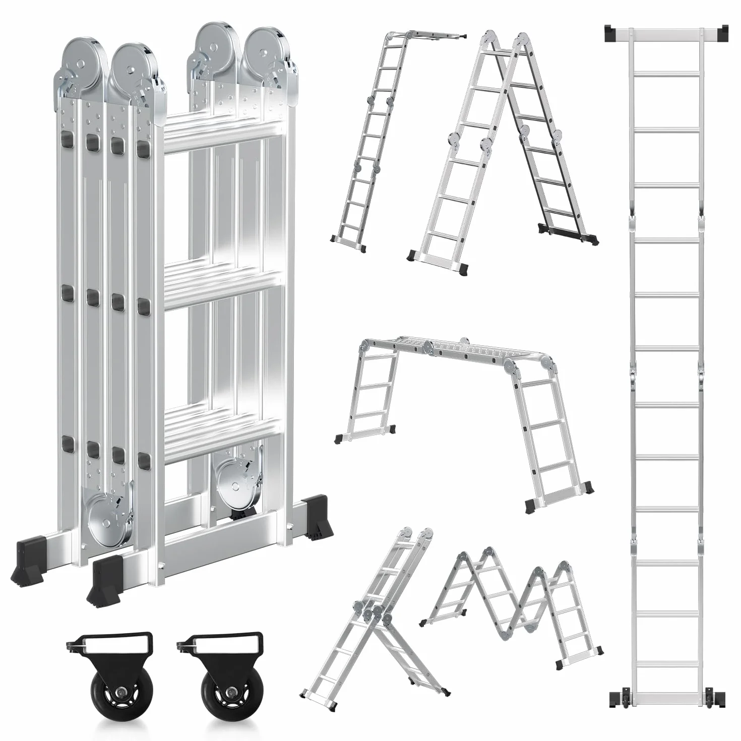 Scala multiuso pieghevole 3,6 m 4 x 3 m in alluminio, 7 in 1, multifunzione, per uso professionale, con 2 piastre ponteggio e 2 ruote, portata fino a 150 kg