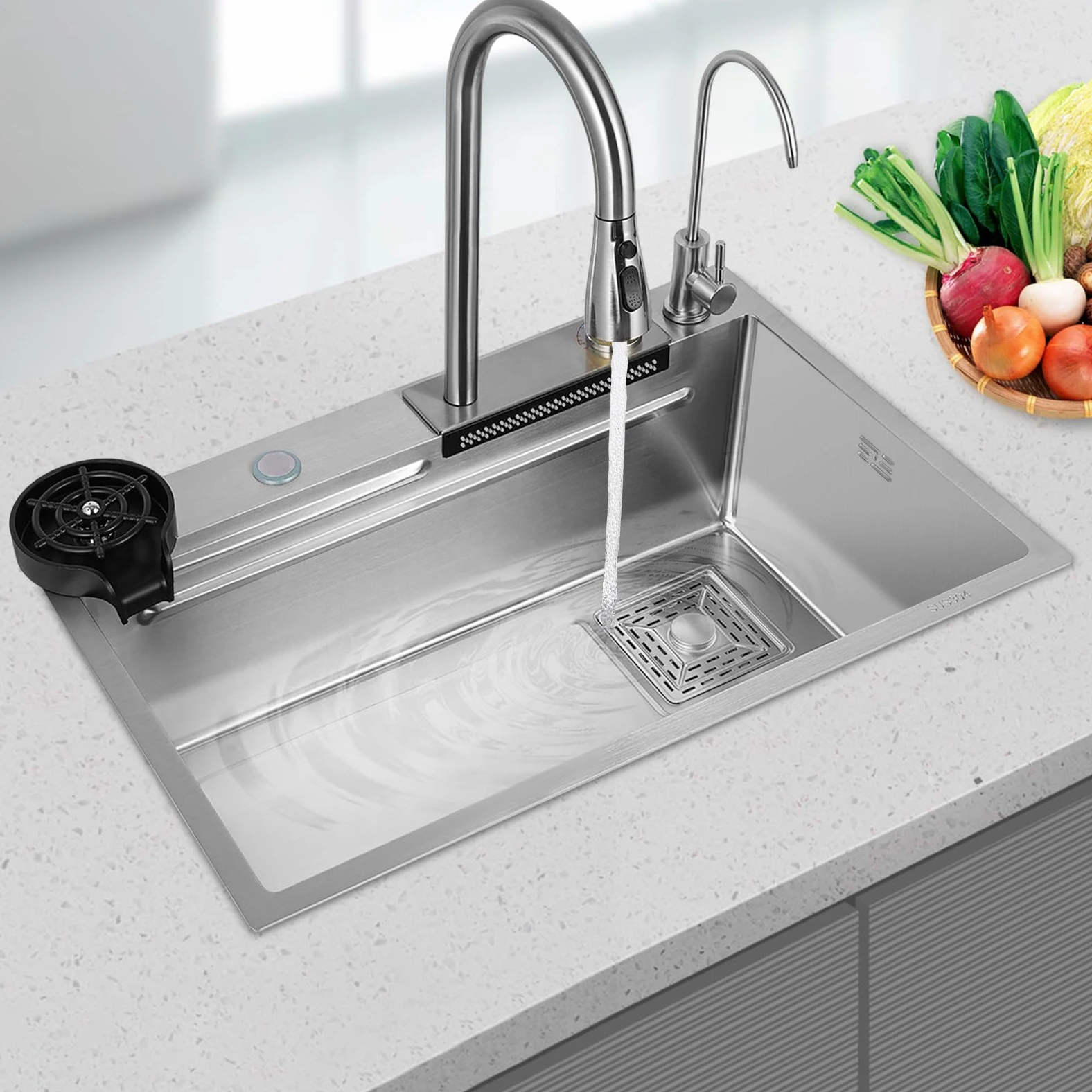 Lavandino da cucina a cascata, lavello in acciaio inox, lavelli per la casa, lavello integrato con rubinetto rimovibile