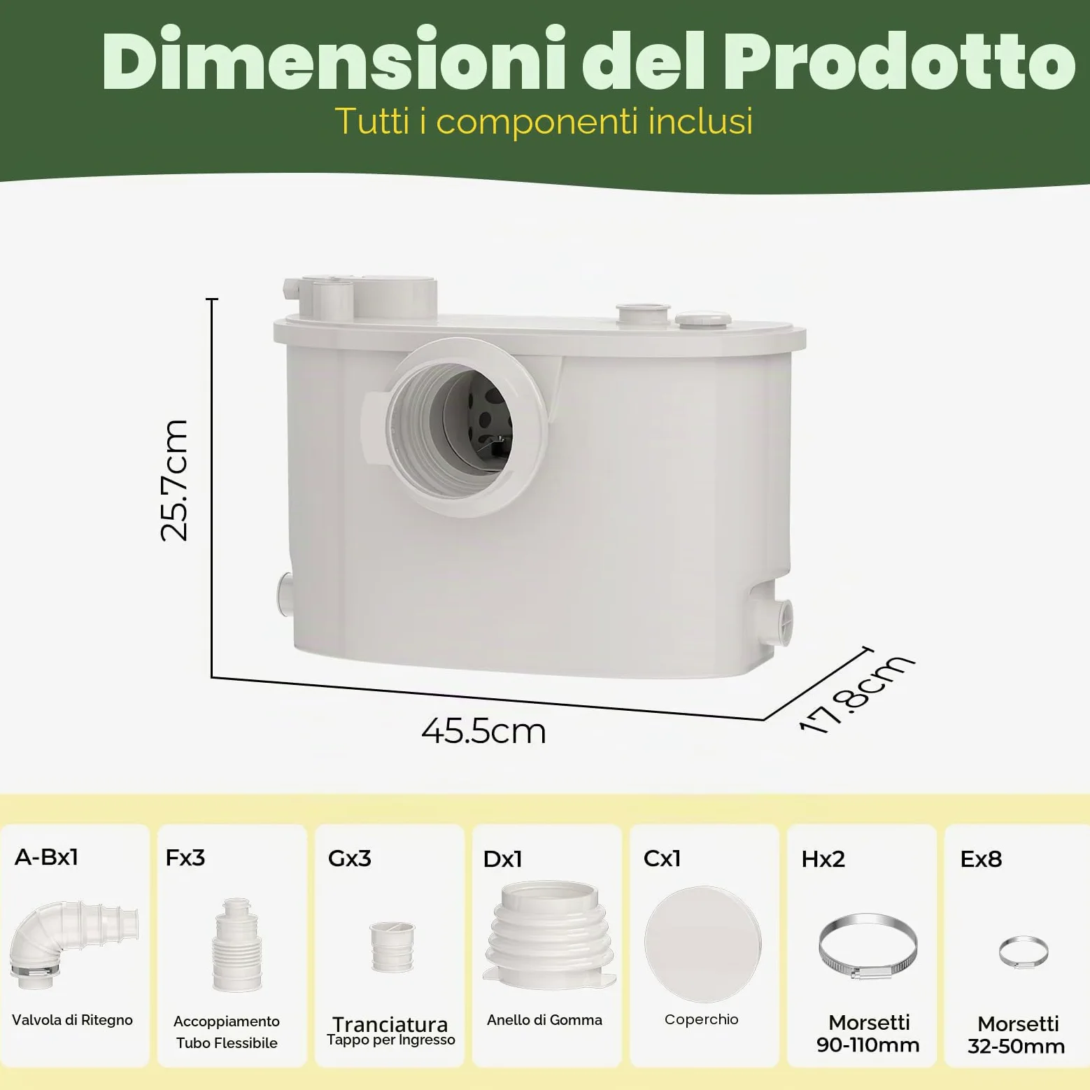 Pompa maceratrice, pompa tritureratrice per WC, con 4 ingressi per WC/cucina/lavandino/doccia da cantina, smaltimento acque reflue grigie, doppia deodorazione, motore in rame, 7 m/23 ft di prevalenza