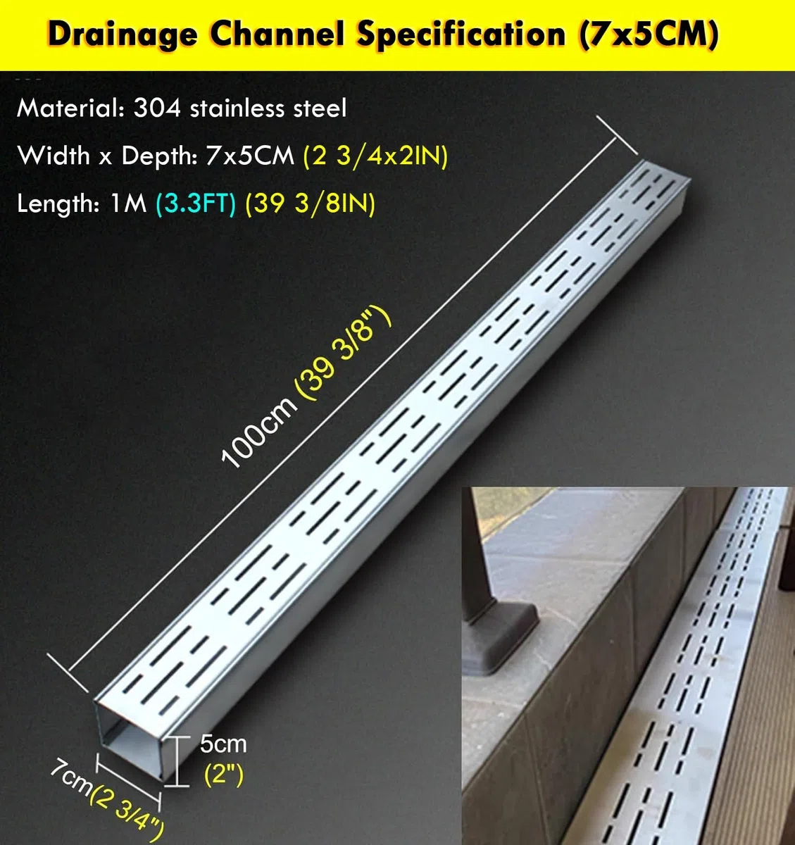 Kit di canali di drenaggio stretto da 1 m, 8 pezzi, sistema di drenaggio esterno a basso profilo, argento, 7 x 5 cm, perfetto per balconi, vialetti, soluzioni di gestione delle acque piovane.