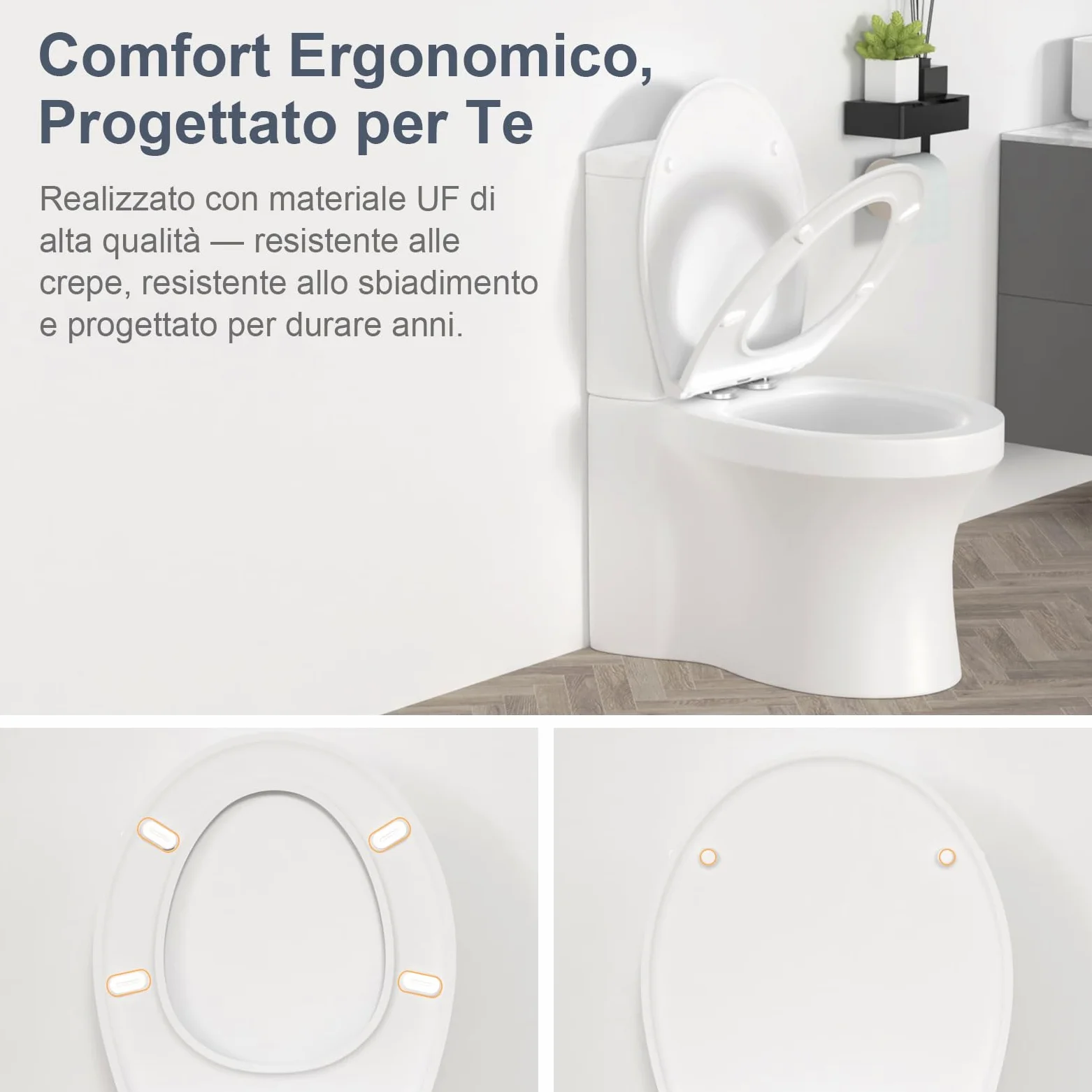 SURFOU Tavoletta WC con Chiusura Ammortizzata, Duroplast di Alta Qualità, Forma a O, Sgancio Rapido per Facile Pulizia, Supporta fino a 200 kg, con Gancetti in Gomma per Fissaggio Stabile