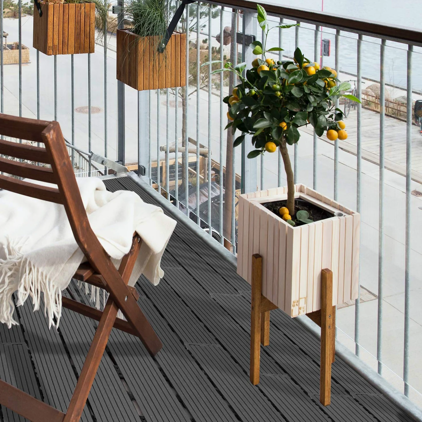 Randaco Piastrelle in Plastica Composita WPC, 30x60cm 12 Pannelli / 2 m² Pavimentazione in Plastica-legno all'aperto con Drenaggio e Sistema Plug-in, per Terrazze, Pavimenti, Antracite
