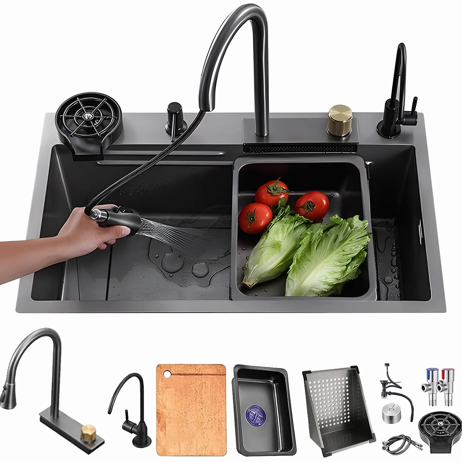 80x50cm Lavello da cascata nero, multifunzionale Lavello Cucina 1 Vasca in Acciaio Inox, con Rubinetto Estraibile, sifone e Set di Drenaggio, e vari accessor, lavello domestico set