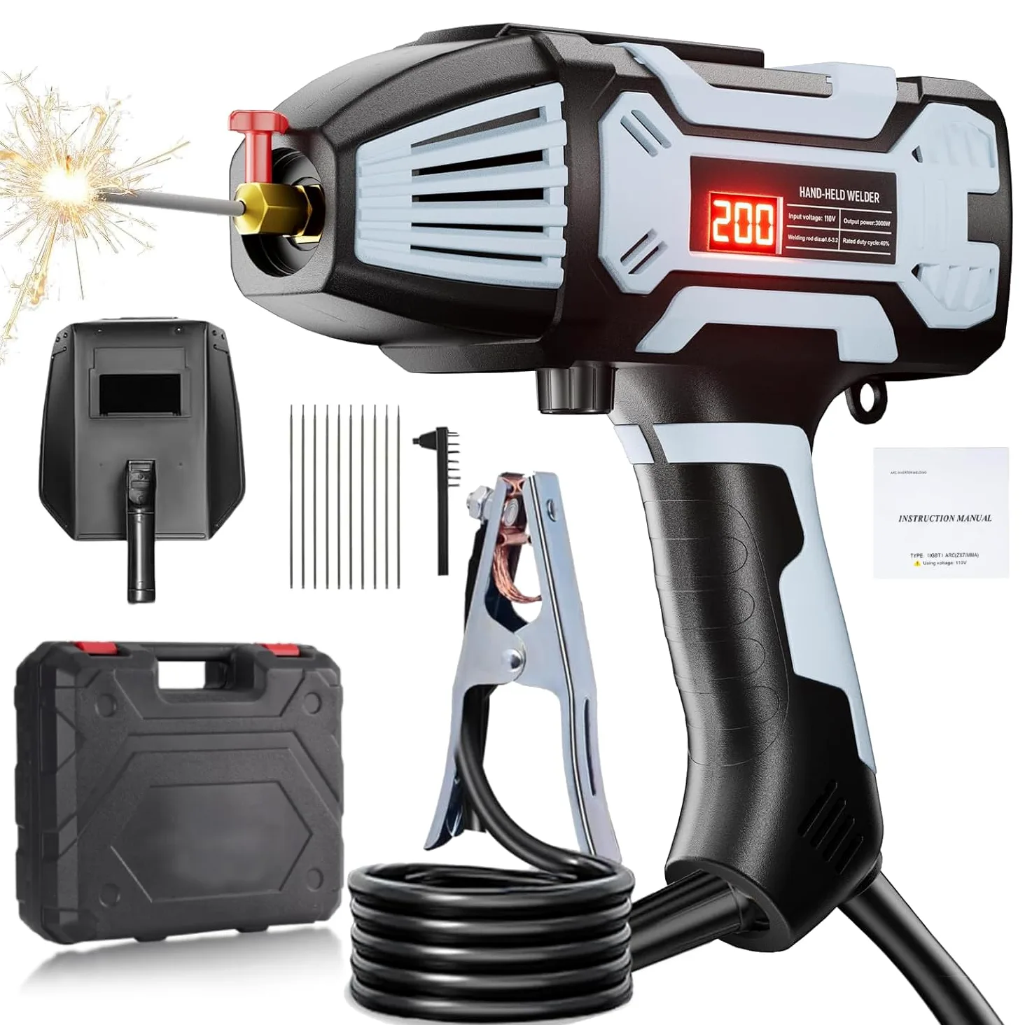 VOBOR Saldatrice Inverter Elettrodo, 200A ARC Saldatrice Portatile con Invertitore IGBT, Display Digitale LCD, Regolazione di Corrente Variabile, Saldatore Elettrico per 1,6-3,2mm Barre Saldatrici