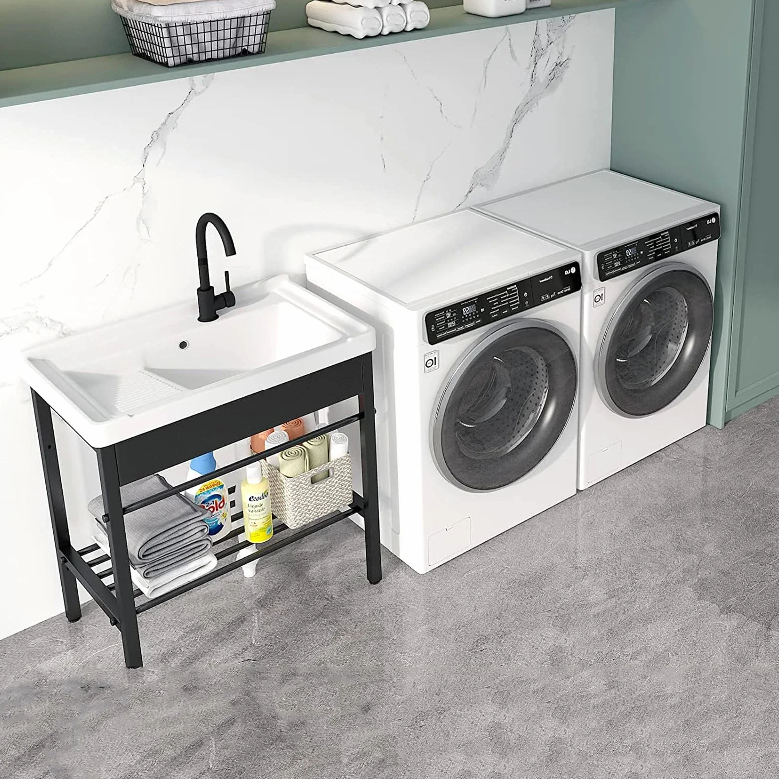 Lavandino In Ceramica Bianco, Lavabo Autoportante Con Rubinetto, Lavatoio Con Piedistallo Supporto In Acciaio Inossidabile, Lavello Per Lavanderia, Per Lavanderia, Ripostiglio, Garage, Cantina (Size