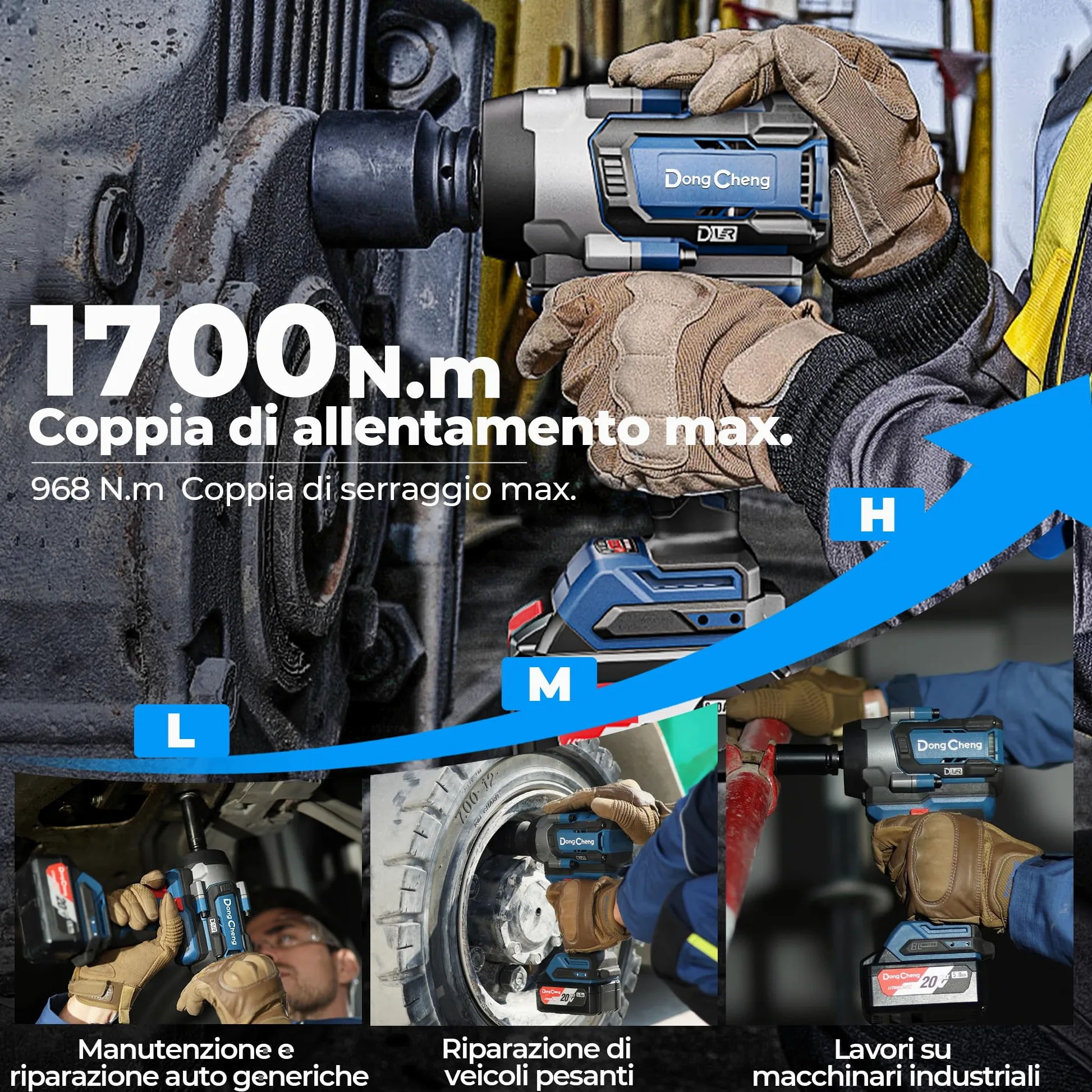 Dong Cheng Chiave a impulsi senza fili Brushless 1/2", 1700 Nm, 3 vel. 0-1900 giri/min, 2x5,0Ah + carica rapida + 3 bussole, per bulloni arrugginiti M10-M24