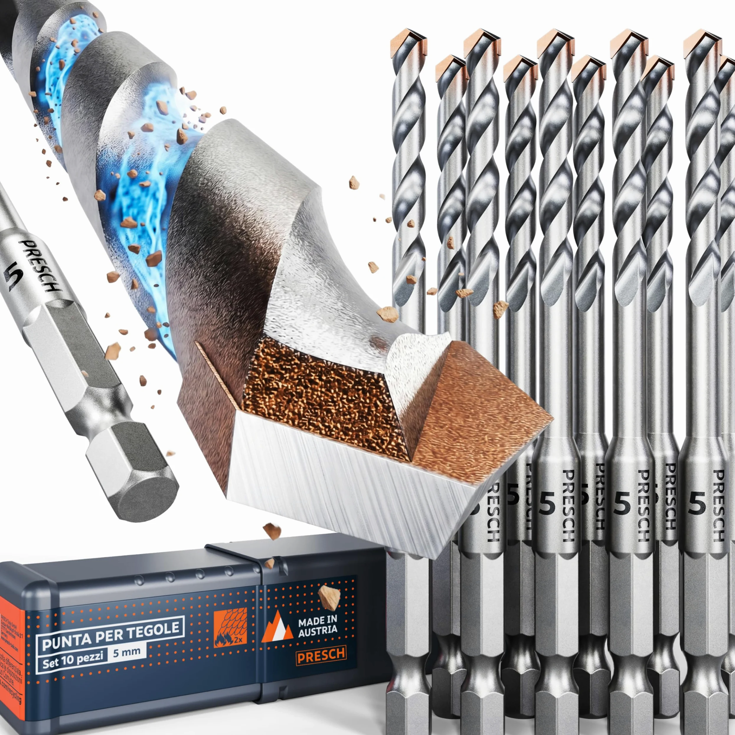 PRESCH Punte per Tegole 5mm (10 pz.) – Fori precisi in tegole dure - Punta con attacco esagonale in metallo duro – Punte per piastrelle estremamente robuste per ceramica, ardesia, granito e marmo