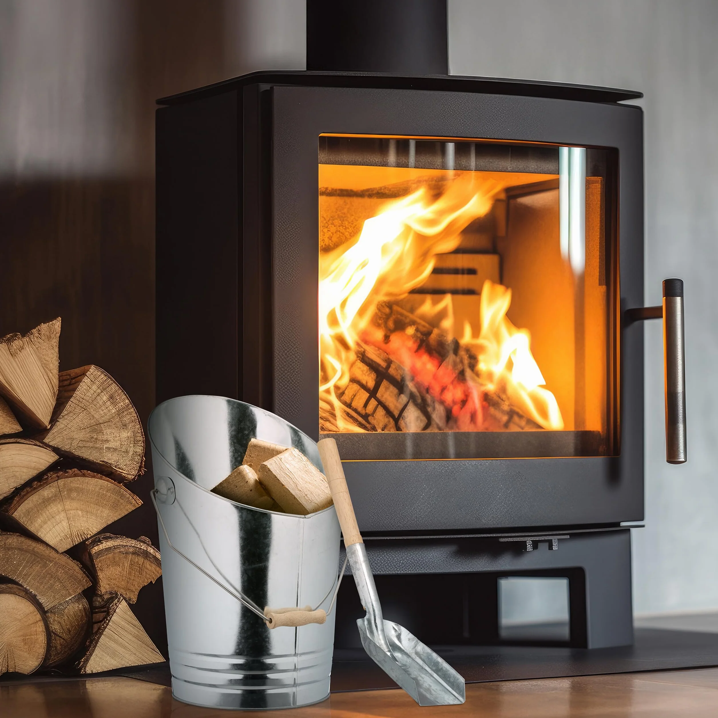 Relaxdays Secchio Raccogli Cenere con Manico e Pala, Cesto Carbone 10 L, Secchiello per Camino e Stufa, Ferro, Argento