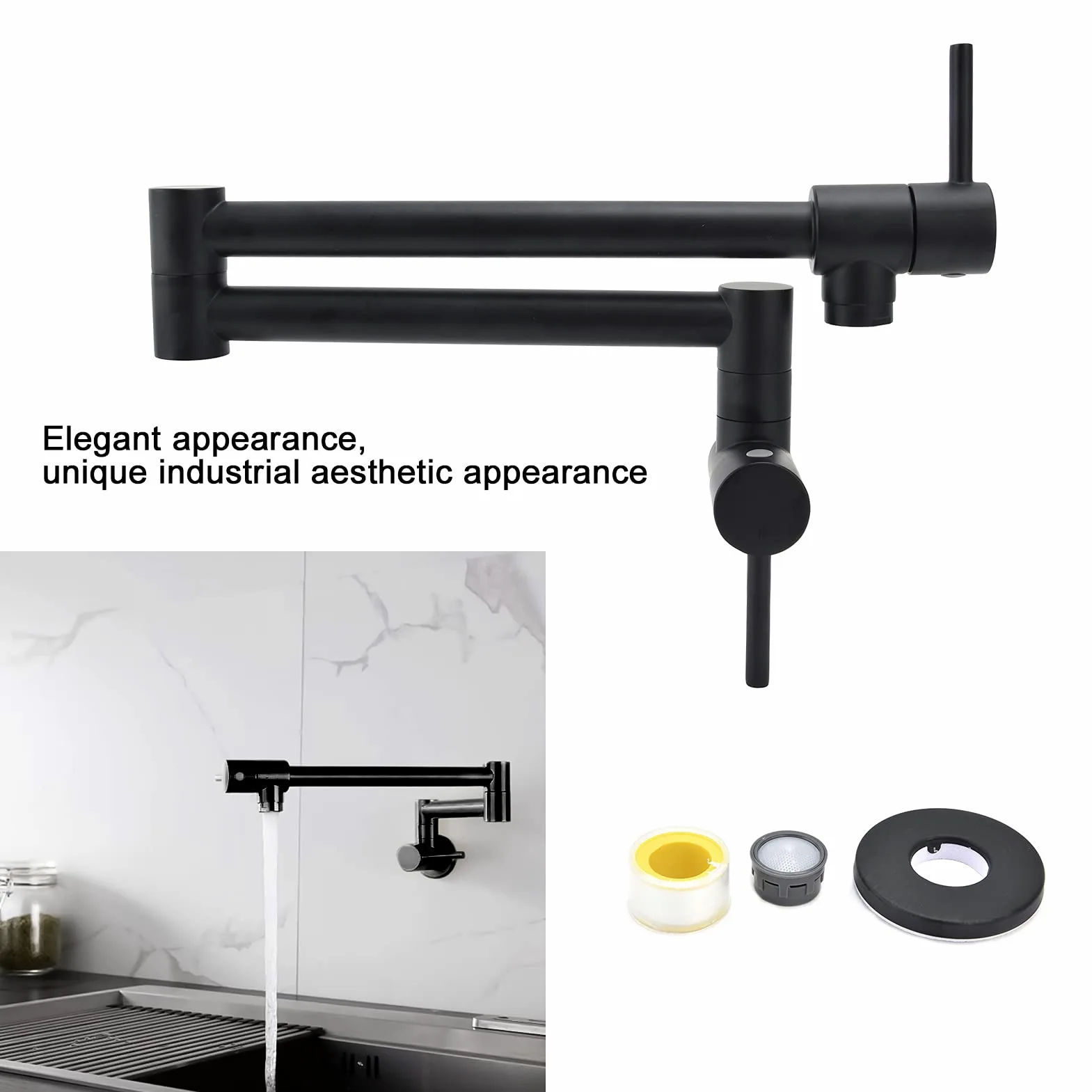Rubinetto per riempimento pentole Nero, Rubinetto per fornelli da cucina con montaggio a parete, Rubinetto per lavello commerciale in ottone, Braccio pieghevole oscillante, Foro singolo estensibile a