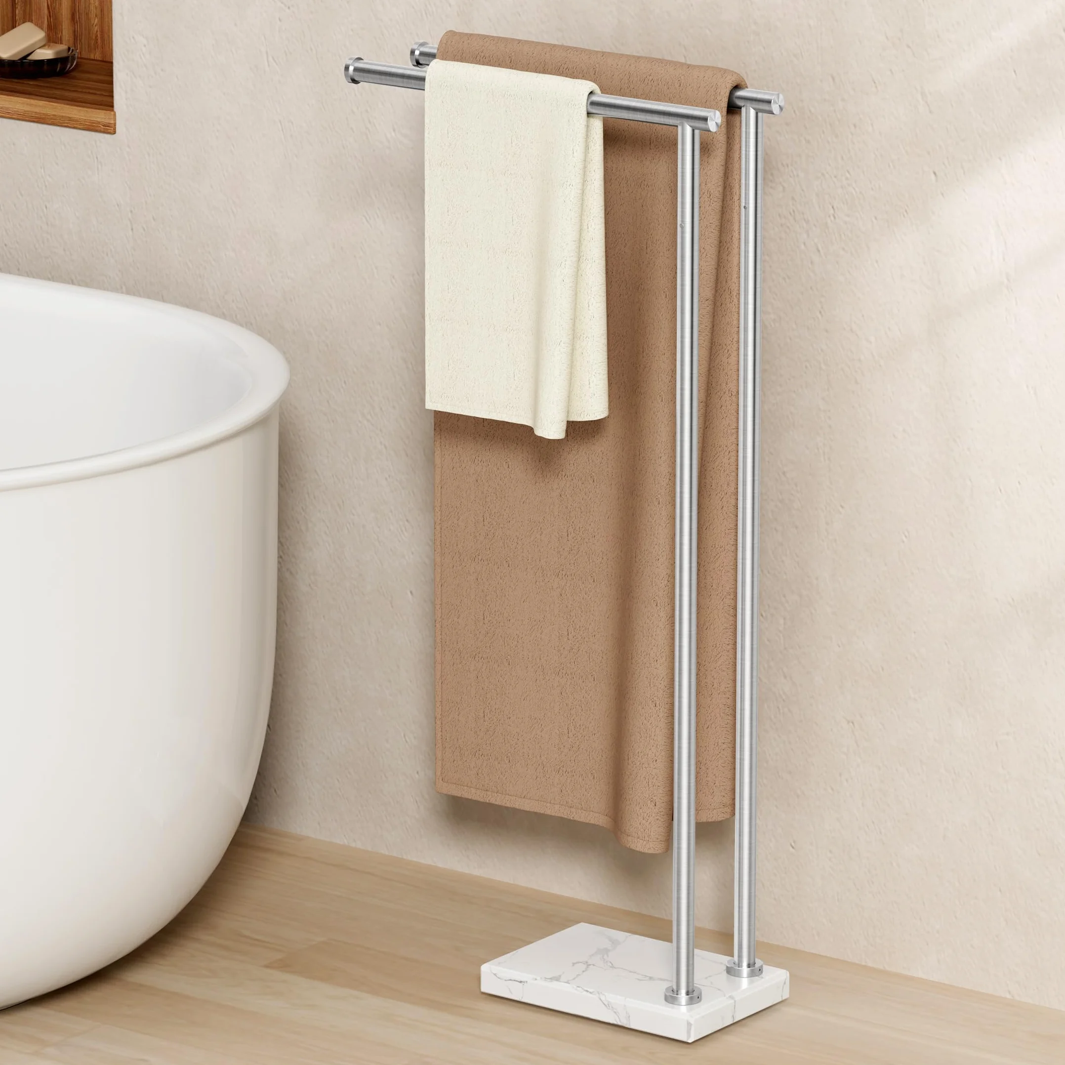 KES Porta Asciugamani Bagno da Terra Doppia Porta Asciugamani con 2X Più spesso Base Marmo Porta Asciugamano Acciaio Inossidabile 18/8 Portasalviette Spazzolato, BTH235-2