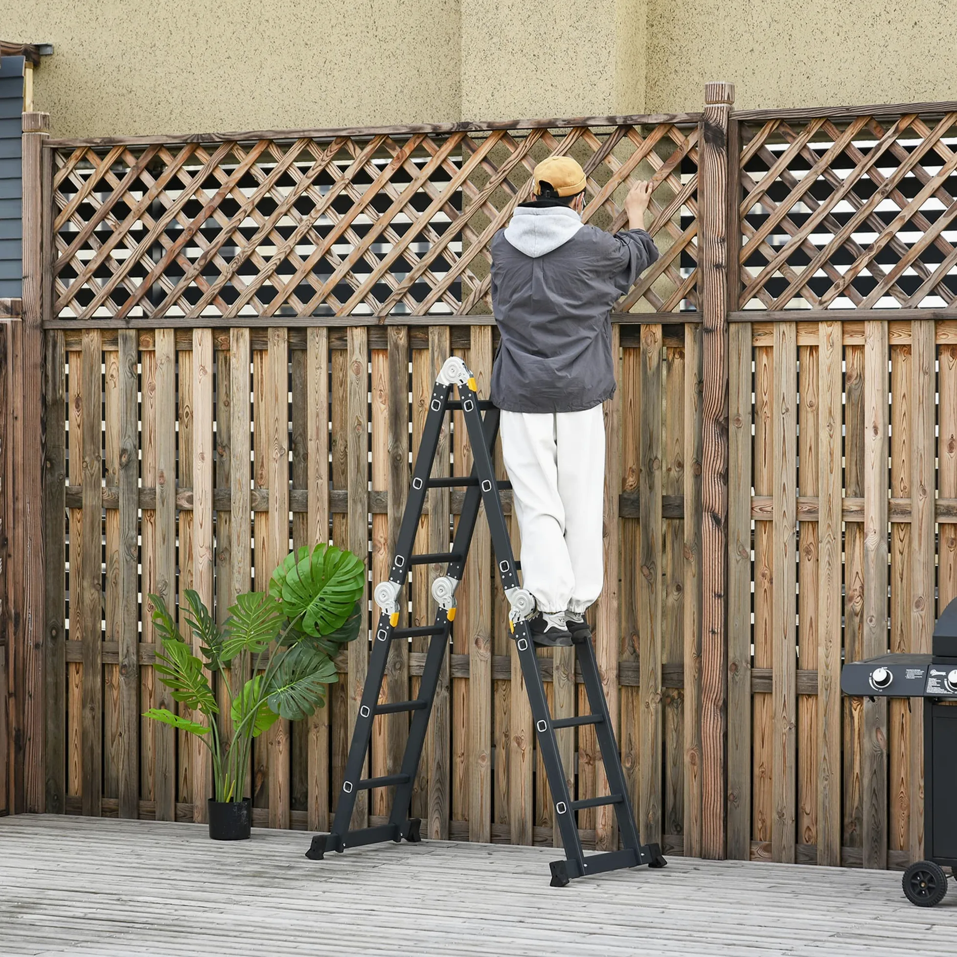 DURHAND Scala in Alluminio 5 in 1 Nera con 2 Pannelli di Sostegno, Scala Pieghevole per Interni ed Esterni, Carico Massimo 150kg, 370x61x11 cm