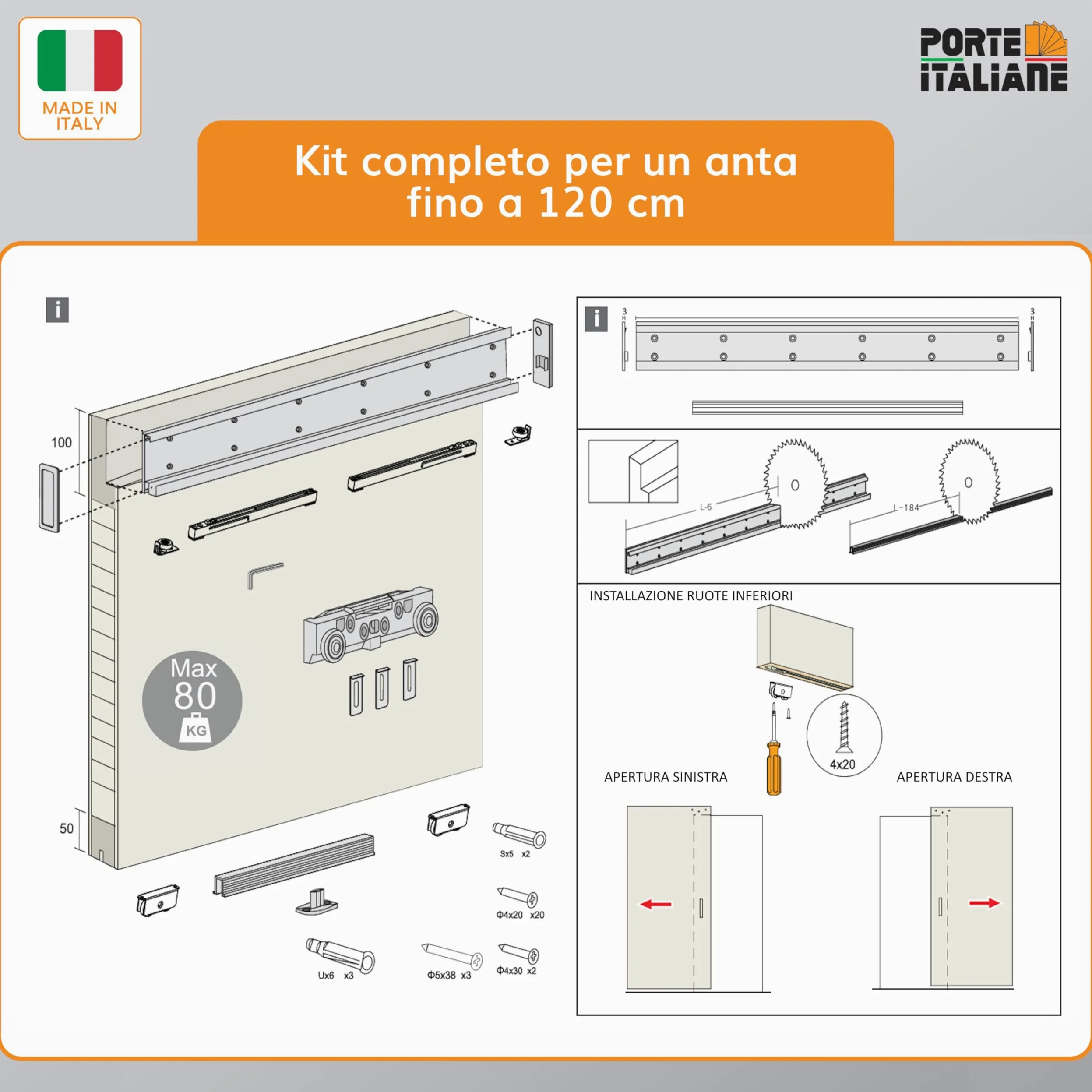 Porte Italiane, Binario Porta Scorrevole Invisibile MAGICAL 1200, per Porta Scorrevole Esterno Muro in Legno Larga da 80 cm a 120 cm, Kit con Meccanismo, Accessori e Guida
