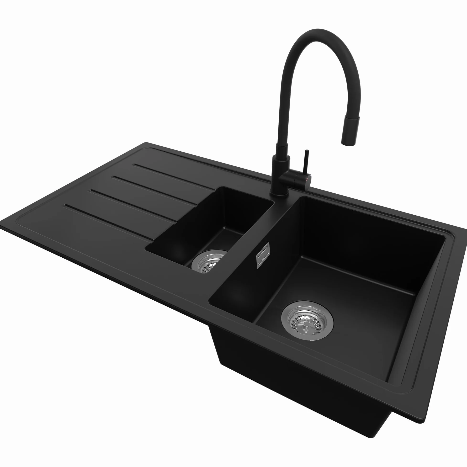 PRIMAGRAN Lavandino da Cucina Nero 90x50cm, Lavello in Granito a 1,5 vasche + Rubinetto 40x38cm + Set di accessori, Lavabo da Cucina Incasso al Mobile 60cm - Copenhagen Duo S027