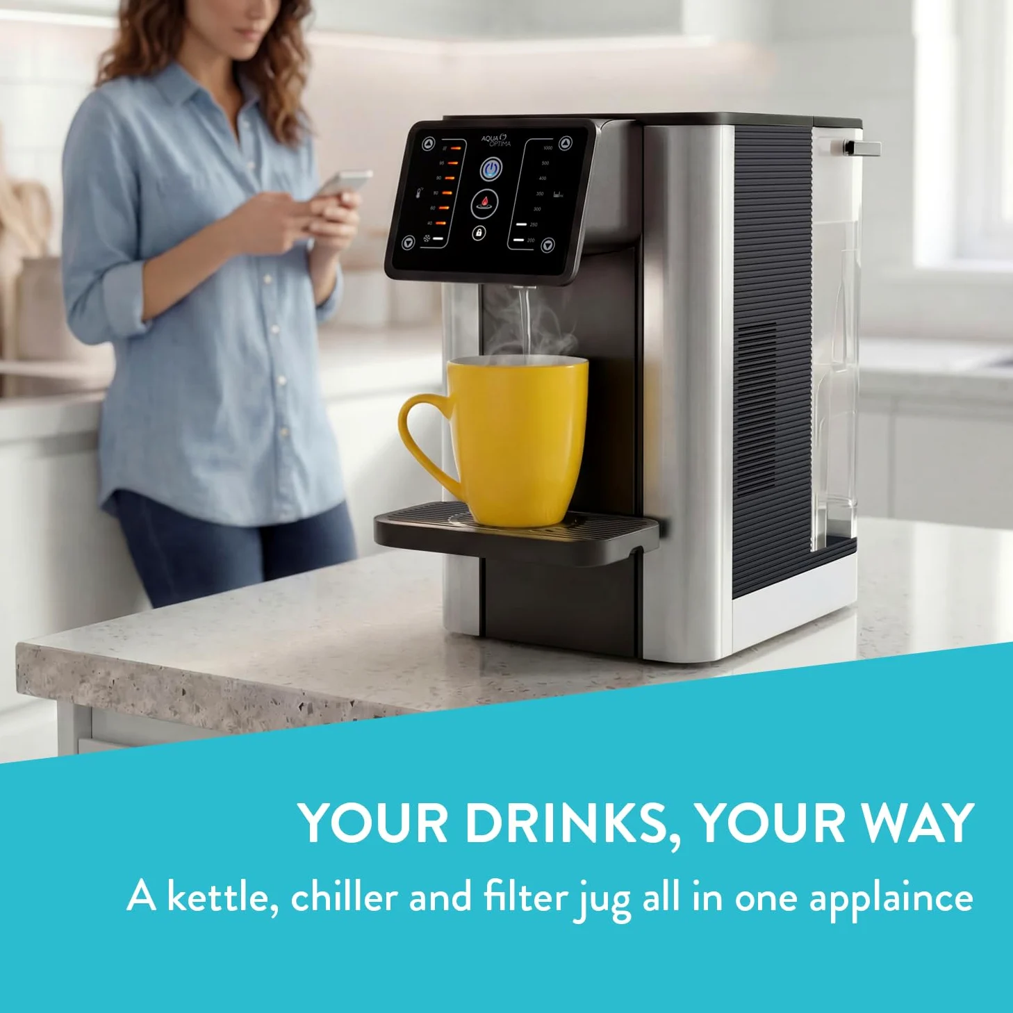 Aqua Optima Aurora Dispenser d'acqua con filtro istantaneo caldo e freddo, capacità 3,8 l, include 1 filtro acqua Evolve+ da 30 giorni per la riduzione di microplastiche, cloro, calcare e impurità