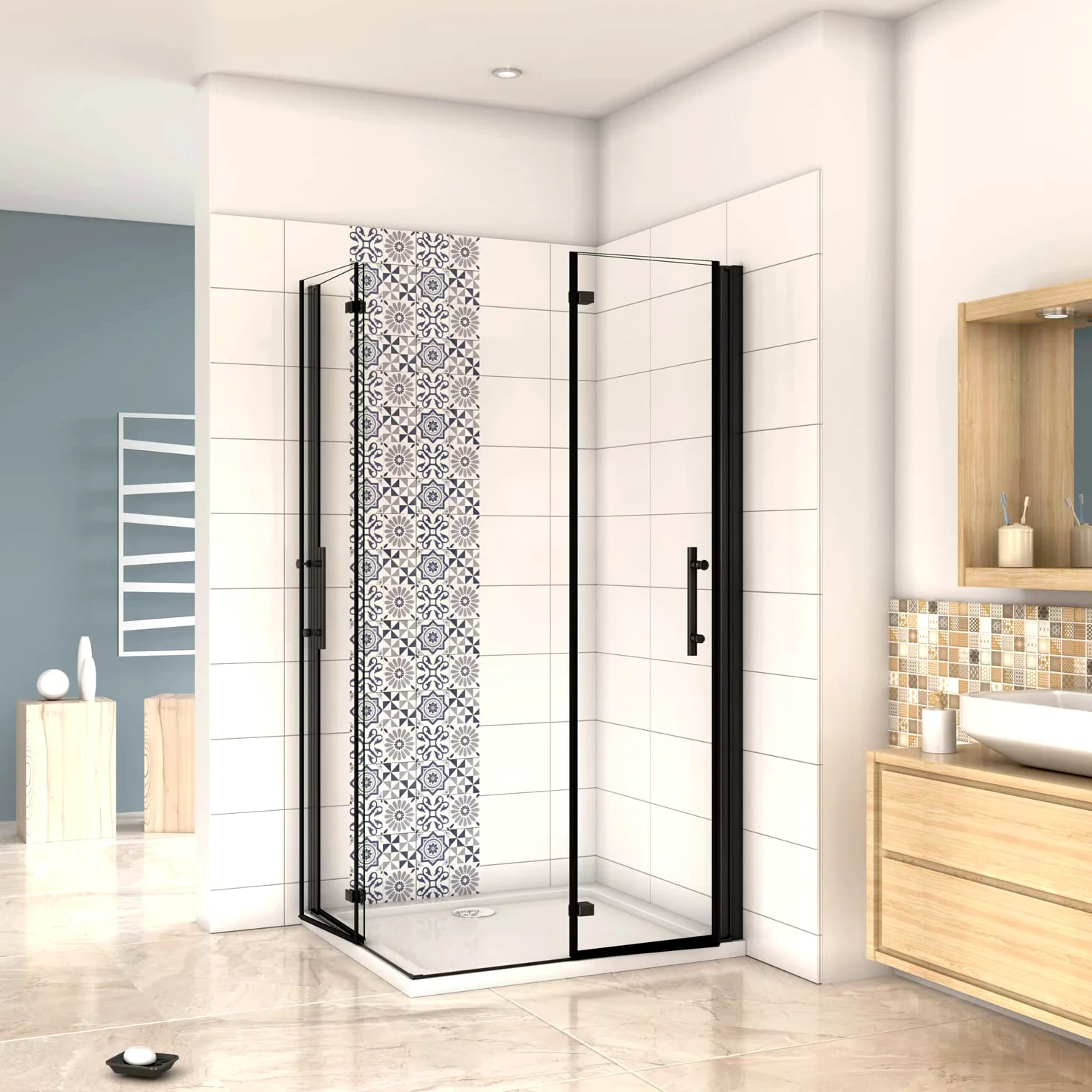 190cm Box Doccia Angolare Doppia Porta Battente Pieghevole 120x80cm in Vetro Temperato Trasparente 5 mm Anticalcare Telaio Nero Opaco