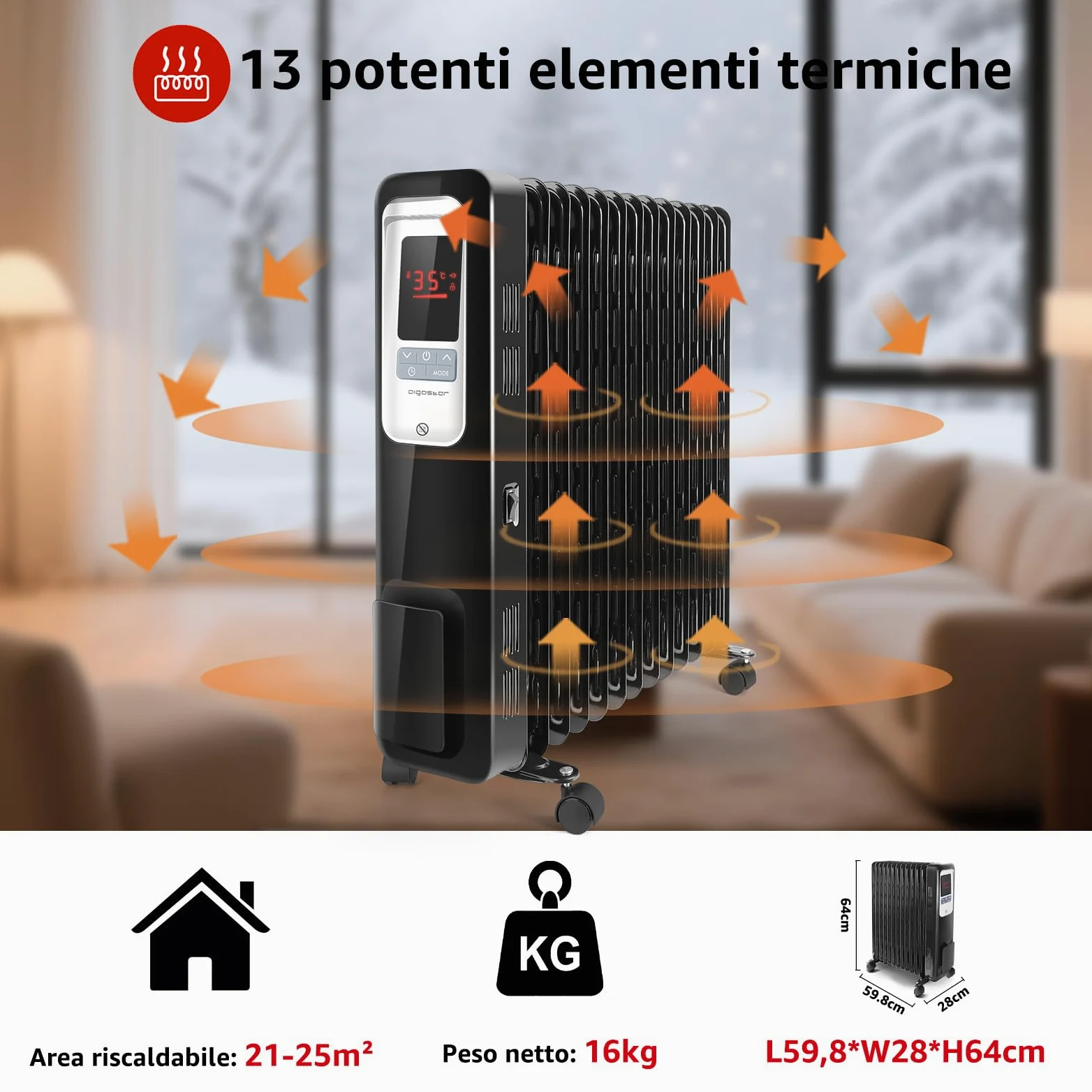 Aigostar Oil Monster 33JHH -Radiatore ad olio da 2500W. Radiatore elettrico 13 elementi con schermo a LED, Telecomando a distanza. Design esclusivo.