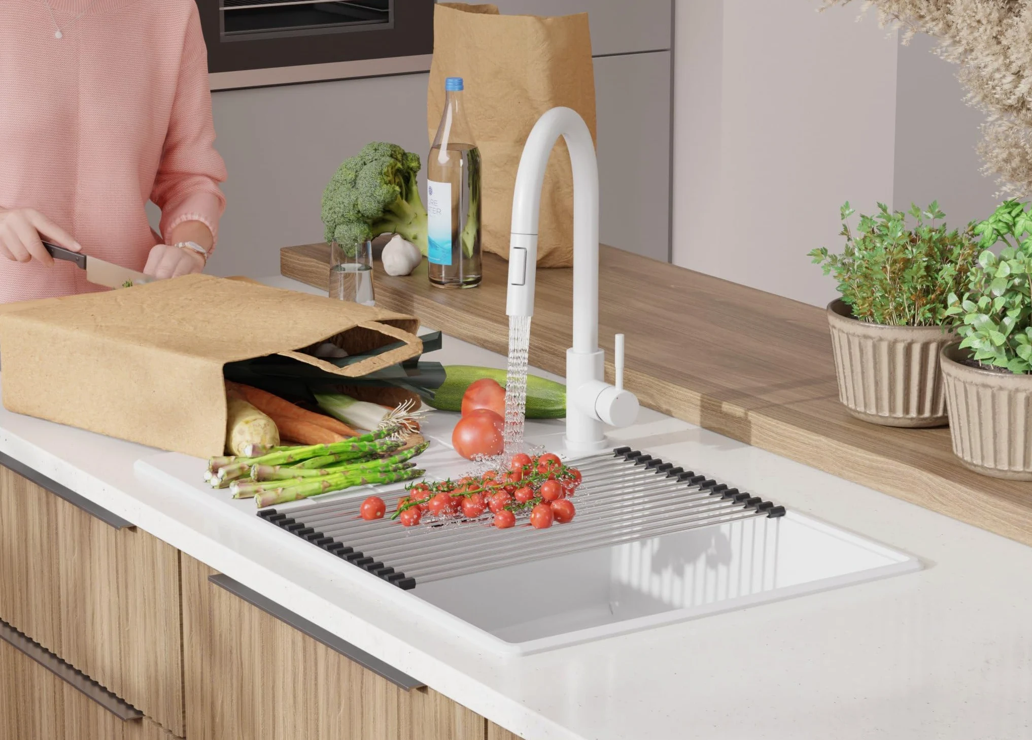 PRIMAGRAN Lavello da Cucina Tutto Bianco 78x50cm, Lavandino in Granito a 1 vasca + Sifone Classico, Lavabo da Cucina Incasso al Mobile 60cm - Copenhagen Top S572
