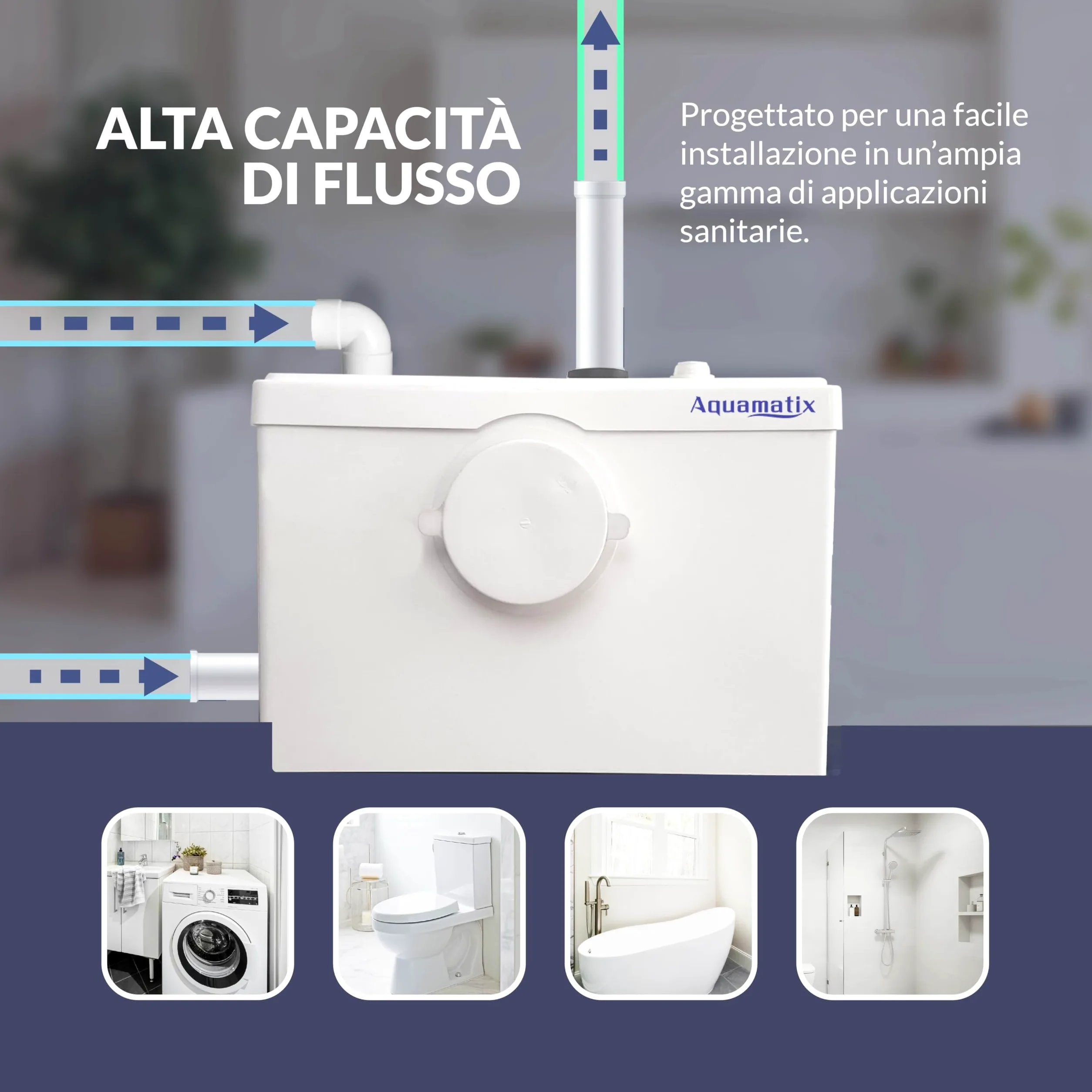 Aquamatix stazione di sollevamento compatta 600 W con trituratore, pompa per acque reflue fino a 10 m di altezza di sollevamento, con 3 ingressi, per WC, doccia e lavandino