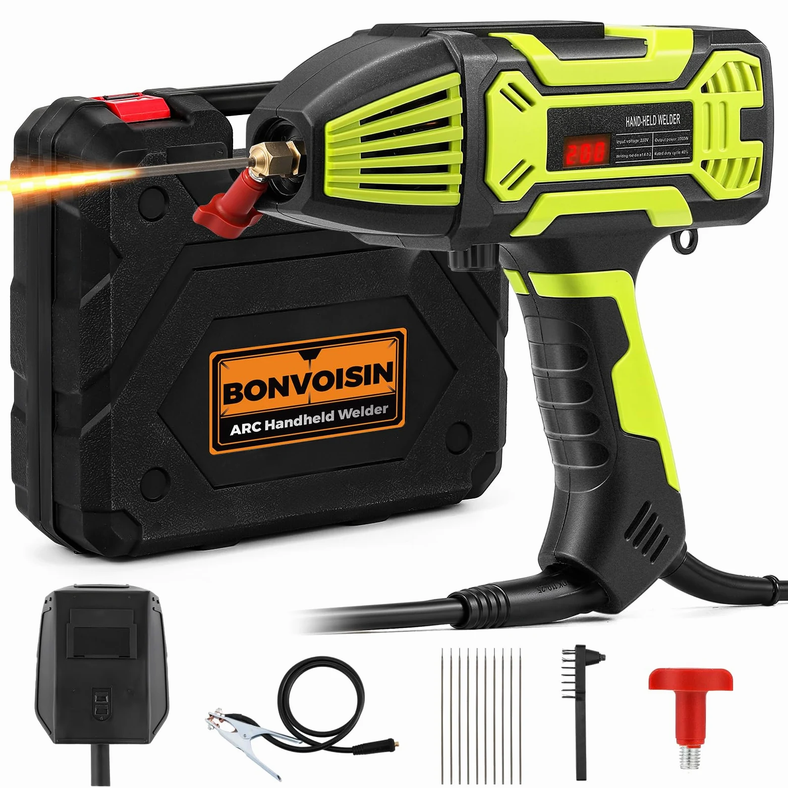 Bonvoisin Saldatrice Elettrica Portatile 220V, 20-200A con Invertitore IGBT, Regolazione di Corrente Variabile, con Display Digitale, per 1/16"-1/8" (1.6-3.2mm) Barre Saldatrici (EU)