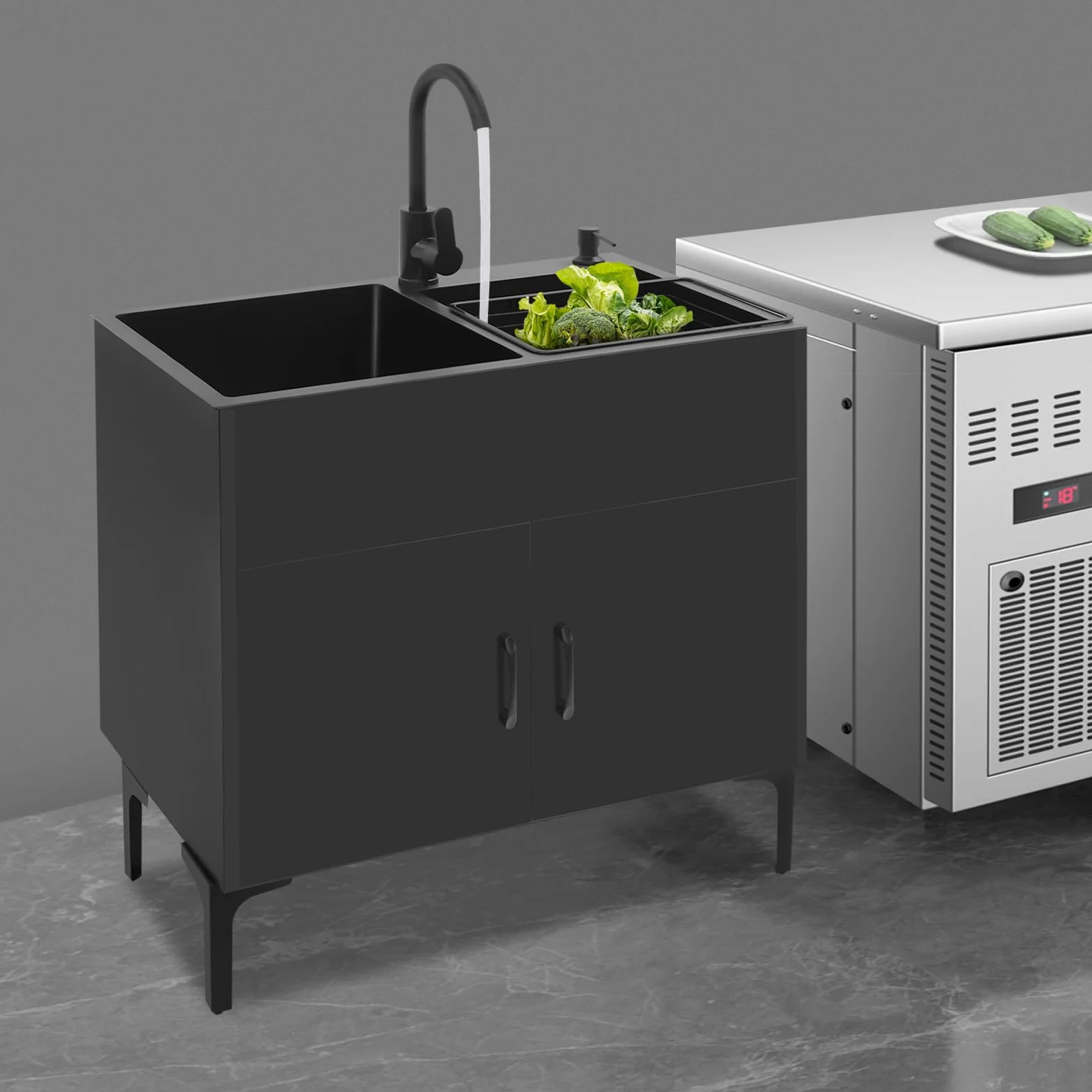 Lavello da cucina autoportante con base e rubinetto, in acciaio inox con 2 vasche scolapiatti e scarico, per cucina, giardino, esterno, officina, lavanderia, campeggio (nero)