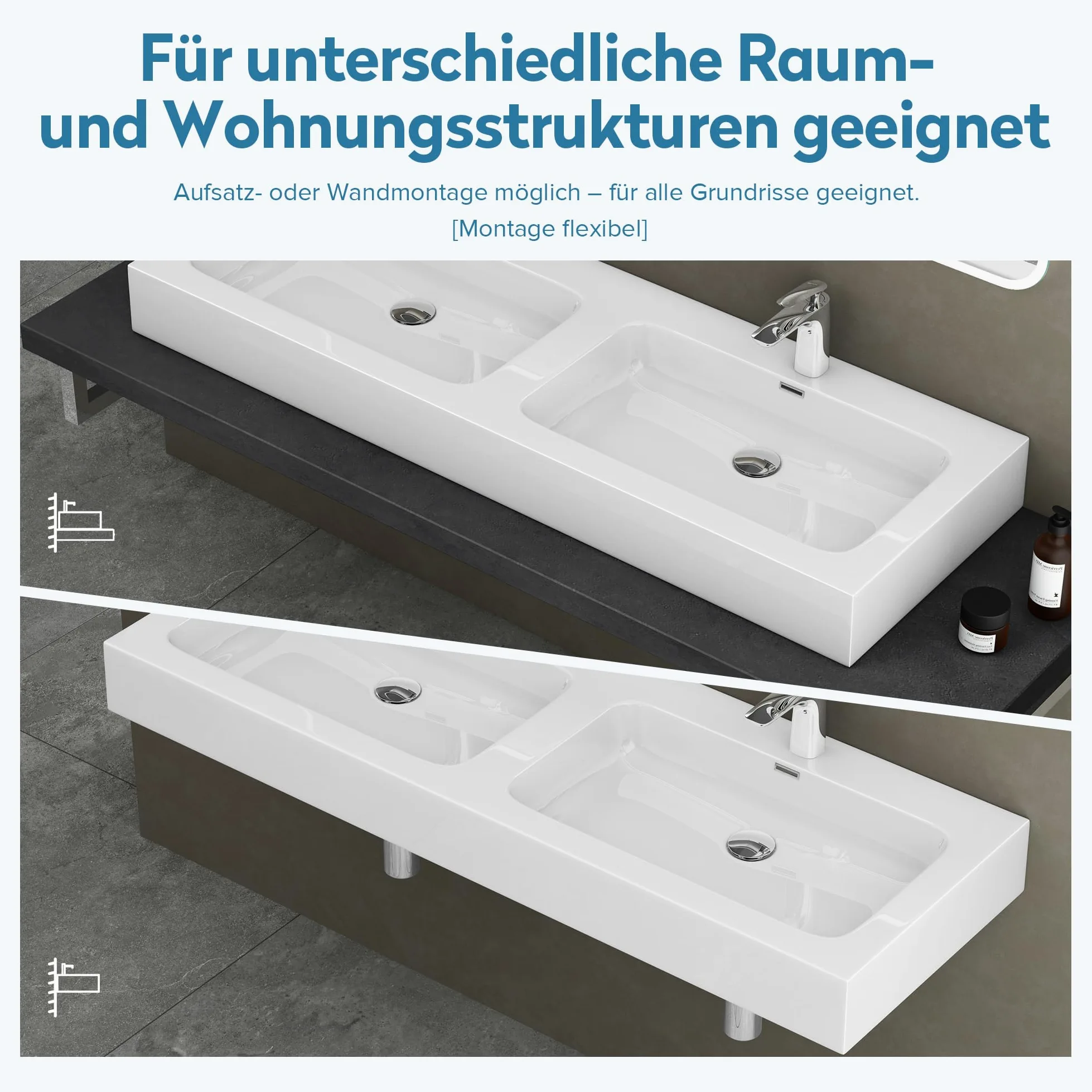 doporro Lavabo da Appoggio, Lavandino Bagno 140x48x13cm, Lavabo da Minerale Fuso Colossum830, due Fori per la Rubinetteria, Bianco Lucido