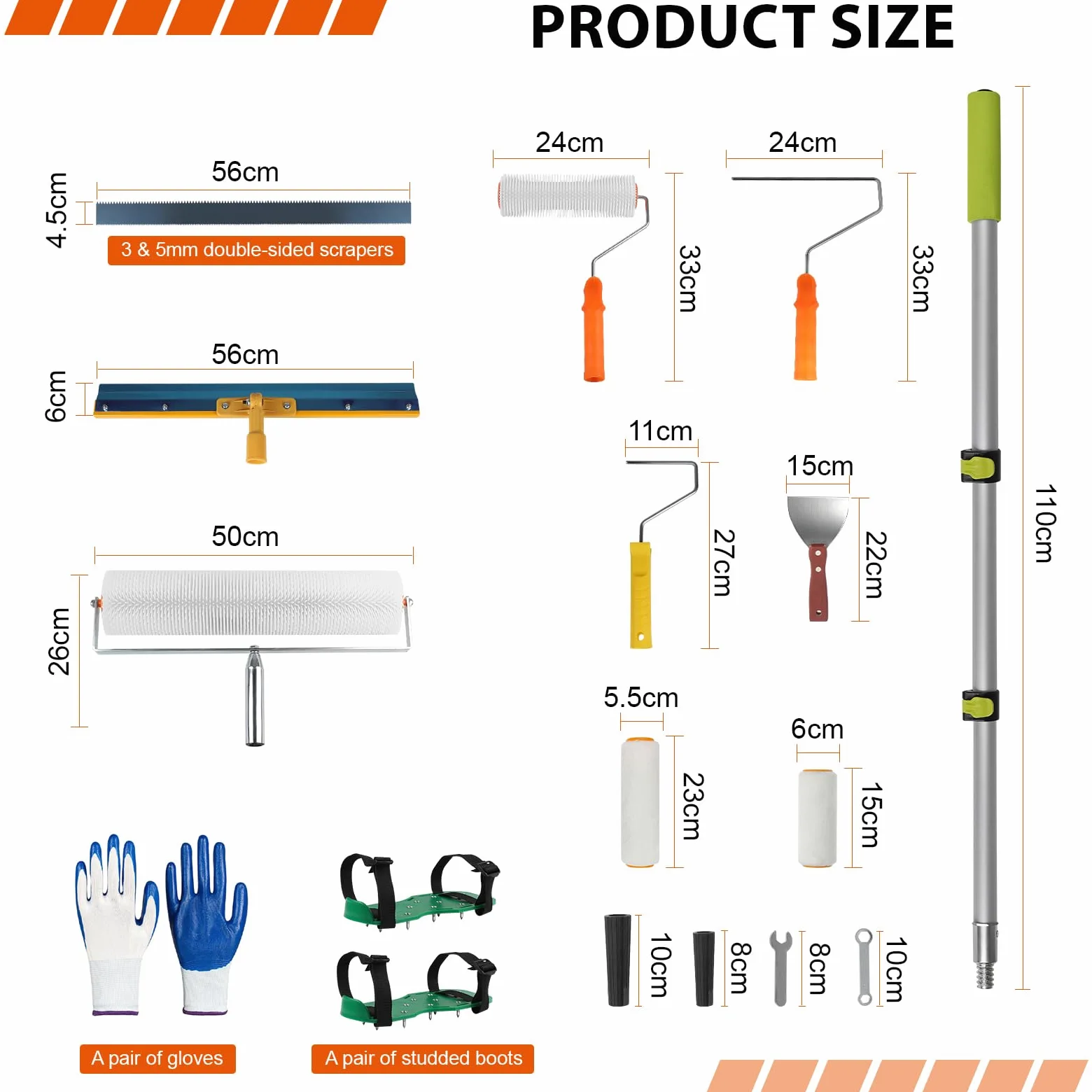 EXLECO Kit Autolivellante Per Pavimenti, 3&5MM Bifacciale Raschietto Pavimenti in Acciaio Inox, Rullo di Sfiato, Pittura con Rullo, Asta Telescopica, Scarpe Chiodate 30MM, Spatole per Stucco, Guanti