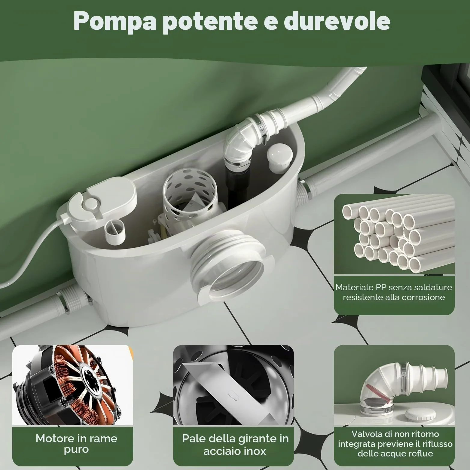 Pompa maceratrice, pompa tritureratrice per WC, con 4 ingressi per WC/cucina/lavandino/doccia da cantina, smaltimento acque reflue grigie, doppia deodorazione, motore in rame, 7 m/23 ft di prevalenza