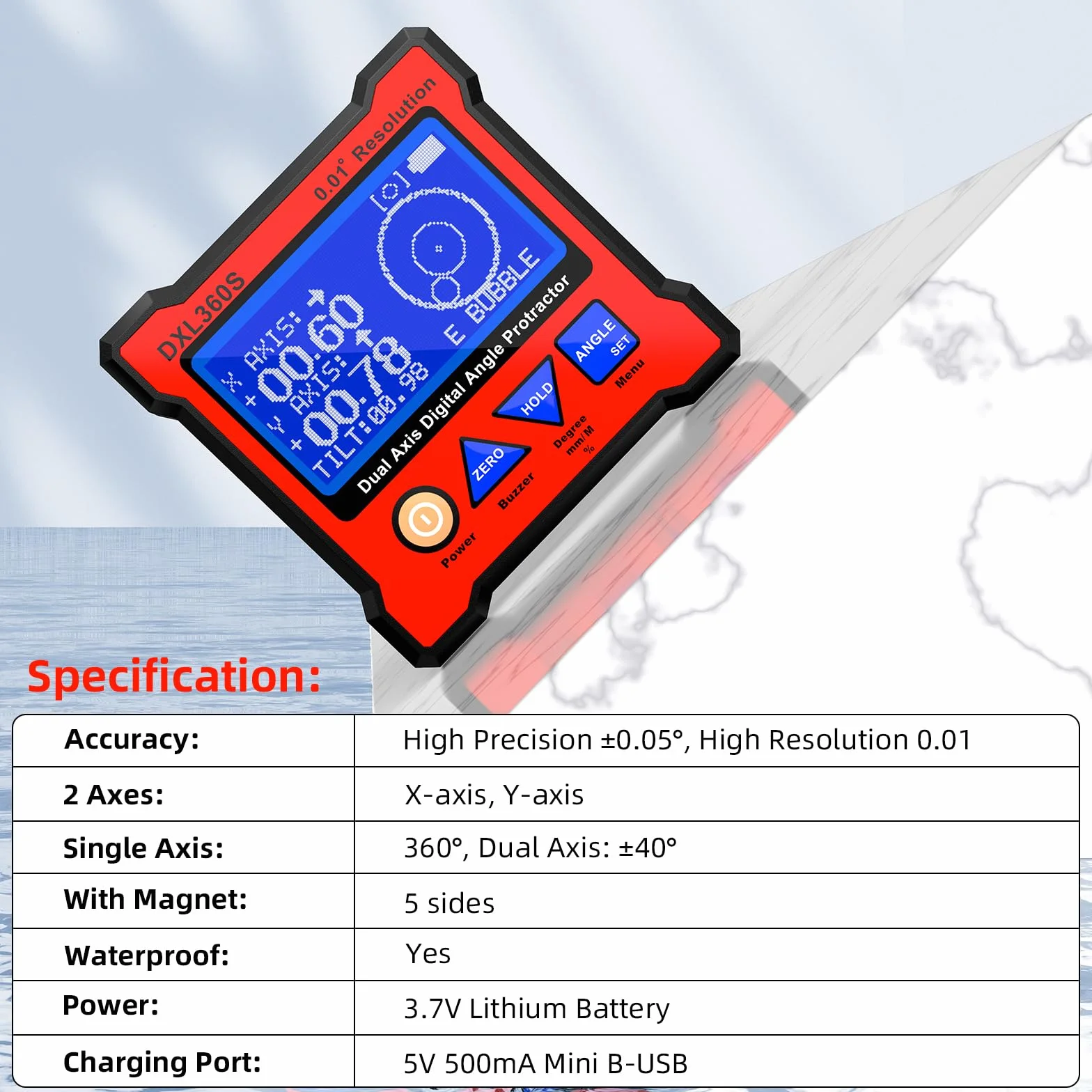 Goniometro Digitale DXL360S Goniometro Digitale Magnetico Inclinometro Digitale 2 Assi Livella Digitale avec Ecran LCD Rétro-éclairé Angolometro Professionale per Falegnameria Edilizia Auto