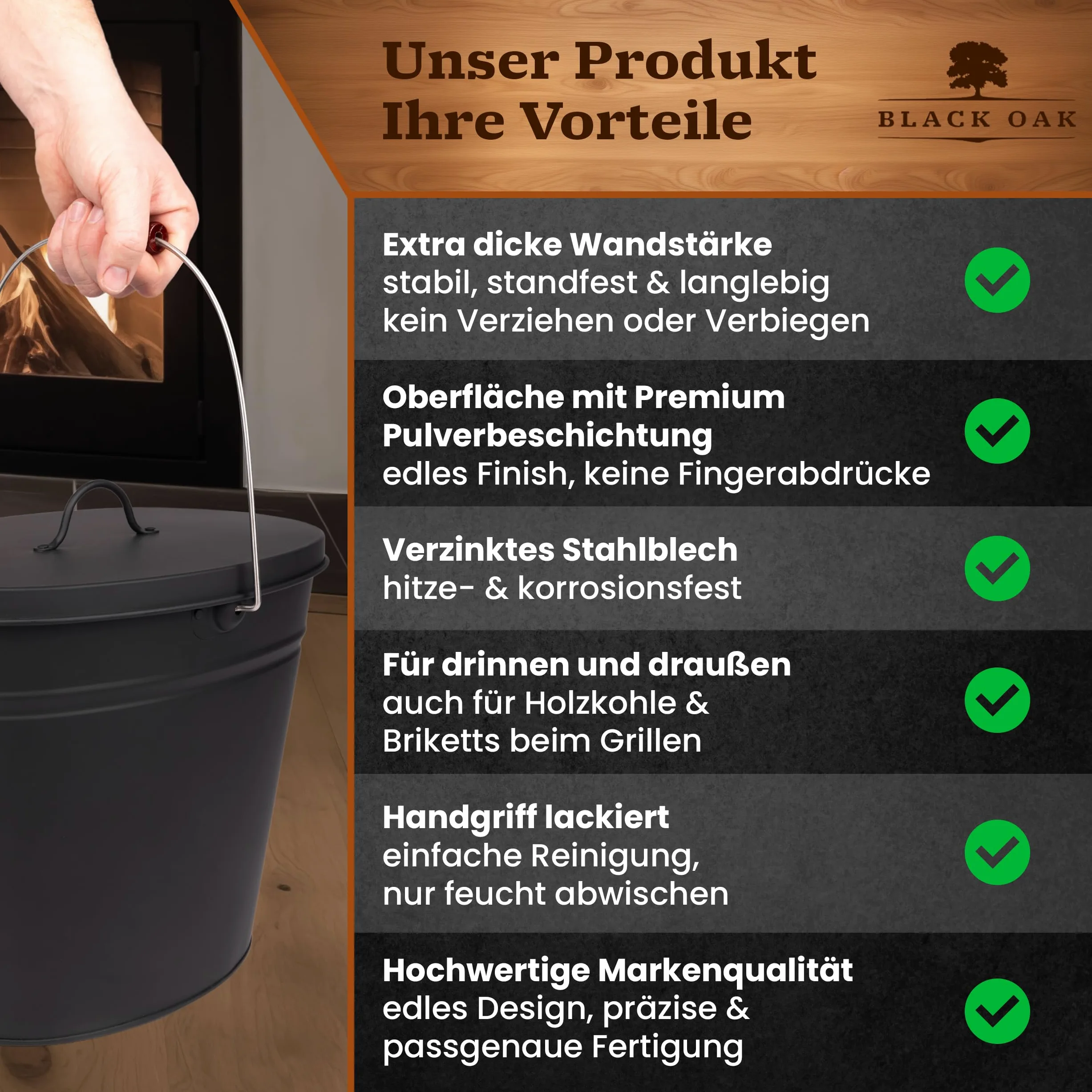 BLACK OAK Secchio per cenere Vesuvio 15L – nero ovale con coperchio - grande 15 litri - in acciaio resistente al fuoco zincato e verniciato a polvere, ideale per cenere e carbone, accessorio perfetto