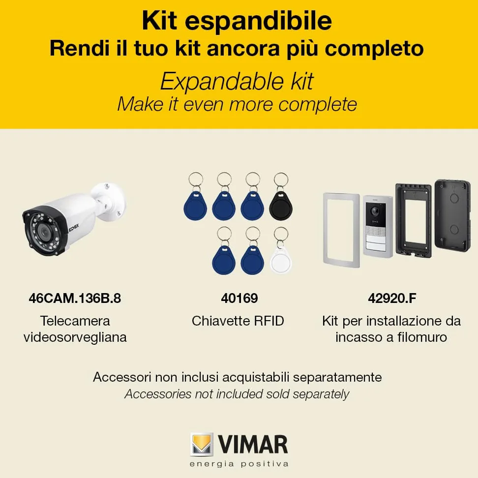 Vimar K42955 Kit videocitofono WIFI monofamiliare, alimentatore barra DIN, touch screen vivavoce Wi-Fi a colori LCD 7", targa audiovideo RFID