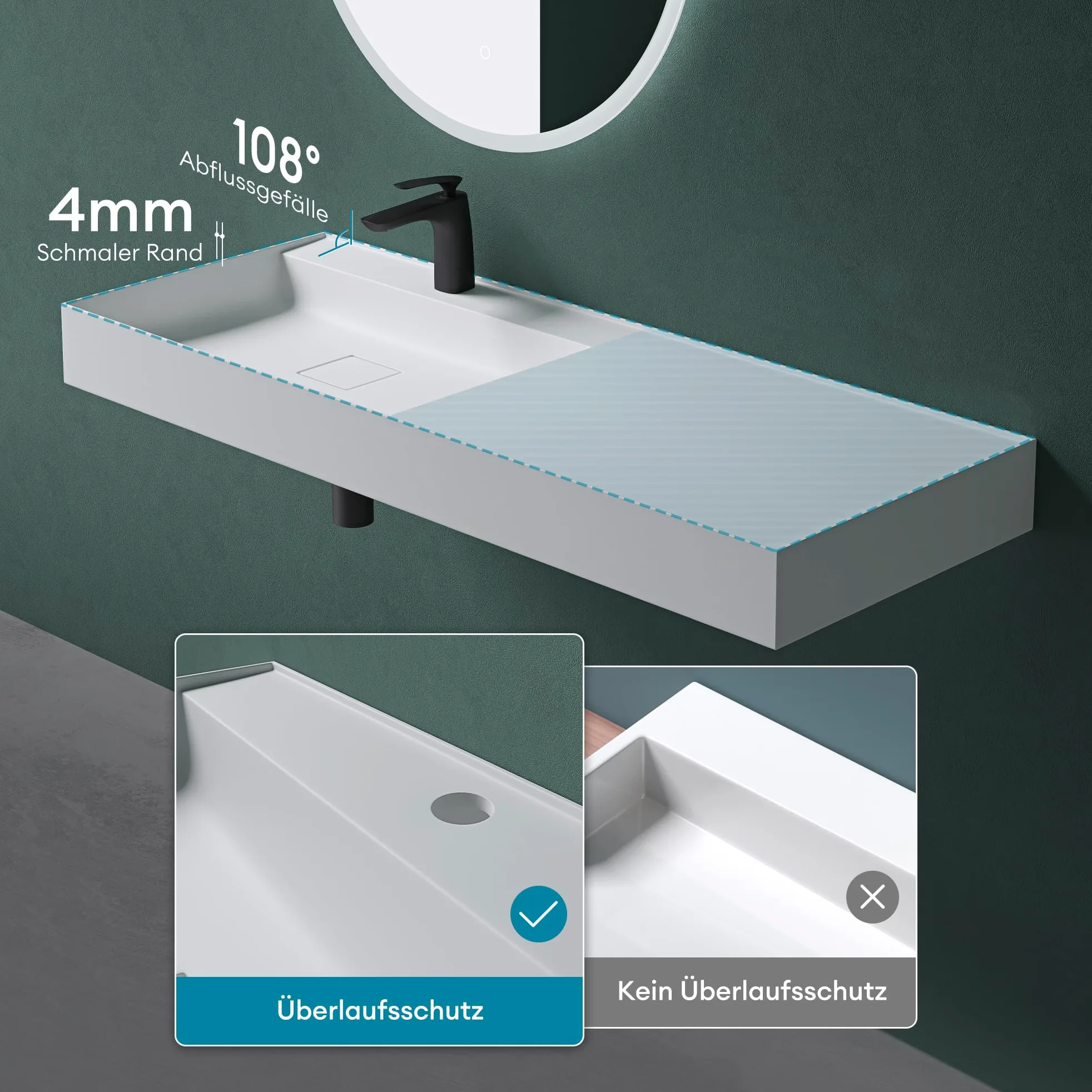 Mai & Mai Lavabo Bagno Sospeso 50×38×12cm Lavandino Bagno Lavabo da Minerale Fuso Colossum630, Bianco Opaco