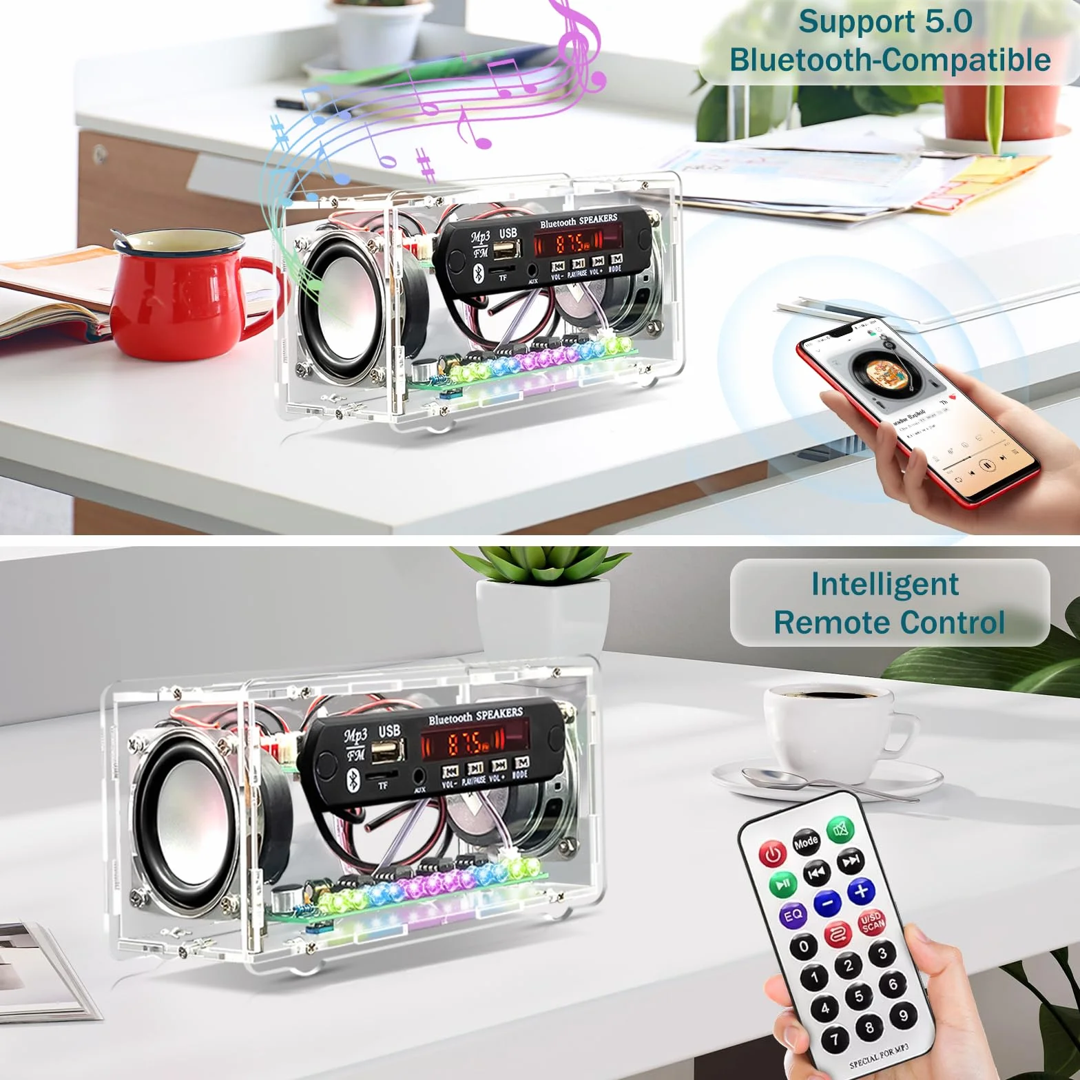 Kit di pratica di saldatura, kit radio FM, kit di altoparlanti Bluetooth fai da te, kit di progetti elettronici per adulti, mini kit amplificatore audio domestico con display digitale (trasparente)