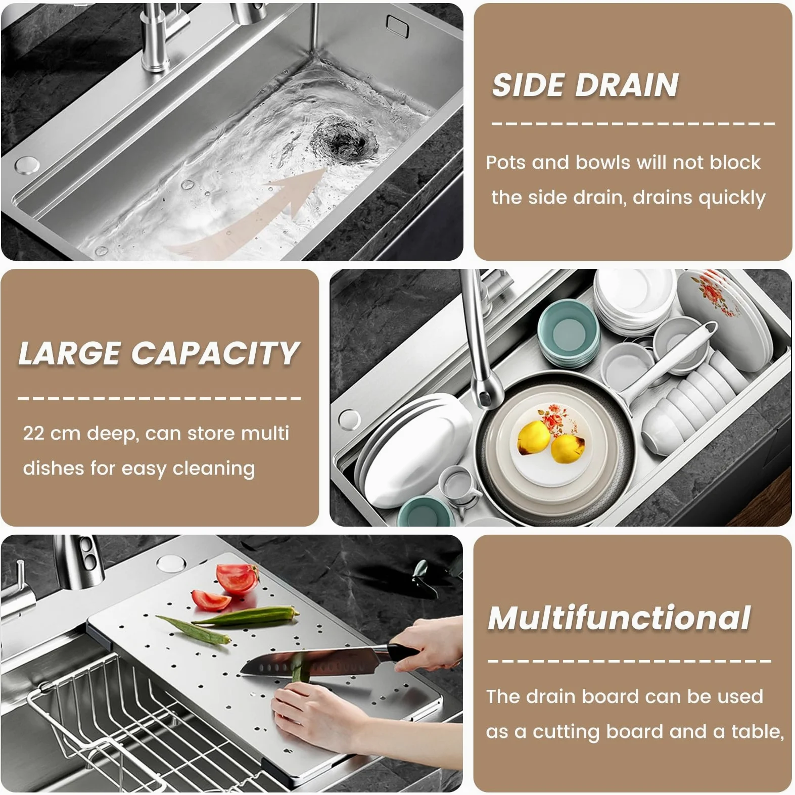 80x50cm Lavello Cucina In Acciaio Inox 304, Con Scolapiatti, Scheda Multifunzione, Filtro a Cestello, Sifone e Set Di Drenaggio, Uscita Di Scarico Destra, Da Incasso e Sottotop, 1 Vasca
