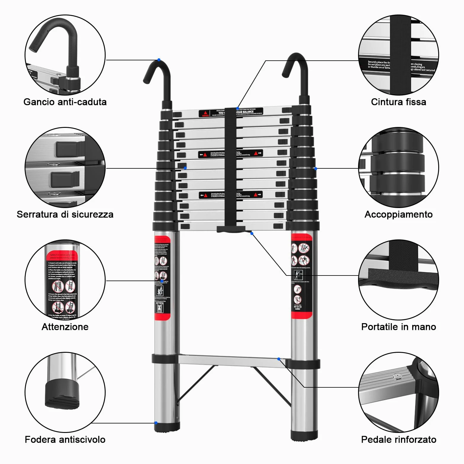 Scala Telescopica 5 Metri con Gancio, Scala Pieghevole Portatile con Piedini Antiscivolo, Estensibile & Altezza Regolabili, Scale Allungabile per Casa, Giardino, Coperture e Camper