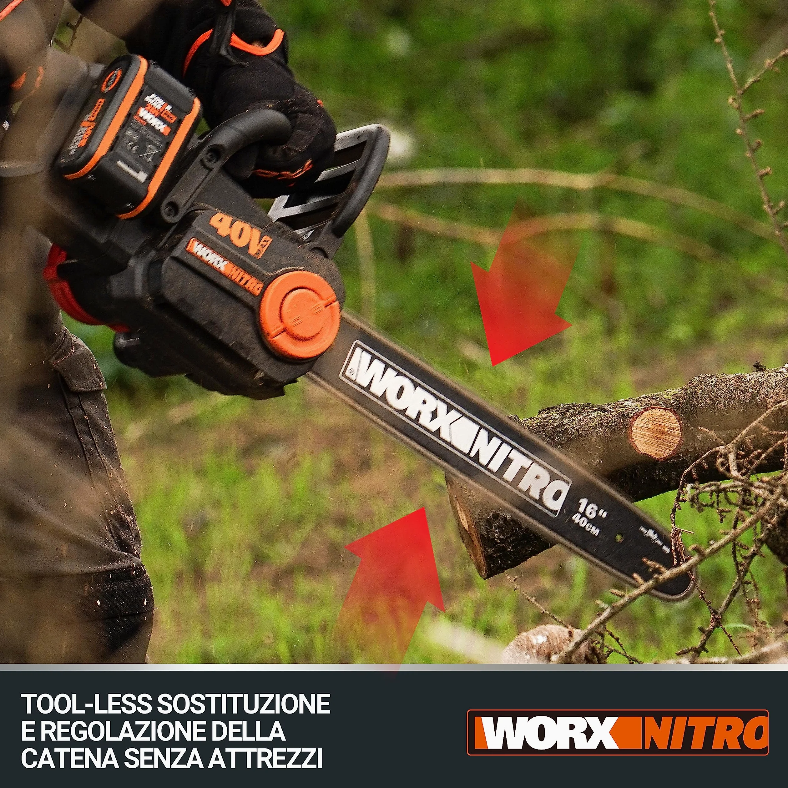 WORX WG385E Elettrosega Nitro a batteria 40V | PowerShare | Include 2 batterie da 2 Ah e caricatore doppio | 40 cm di barra | lubrificazione automatica