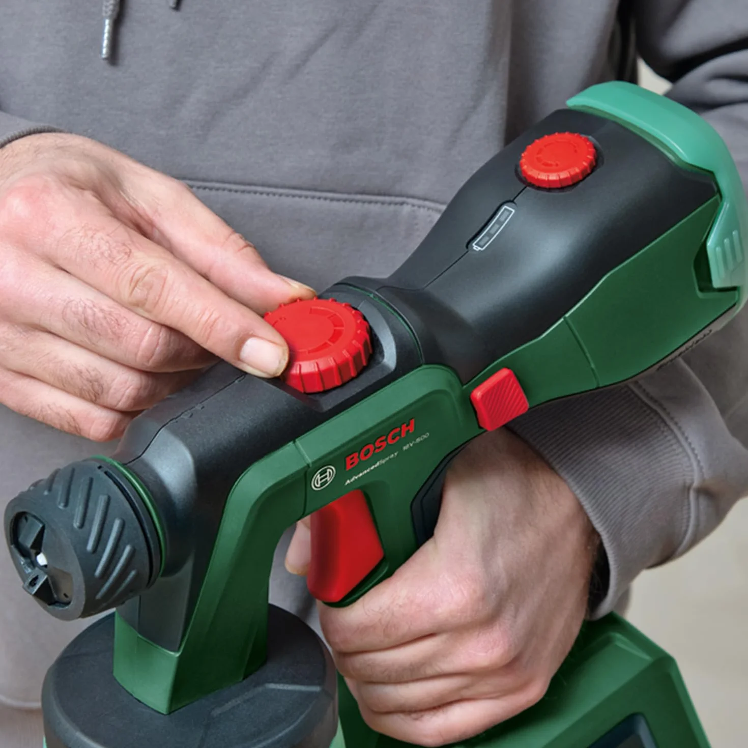 Bosch pistola a spruzzo a batteria AdvancedSpray 18V-500 (per varie vernici; 3m²/min; 2 serbatoi 1200 ml; batteria 4 Ah e caricabatteria)