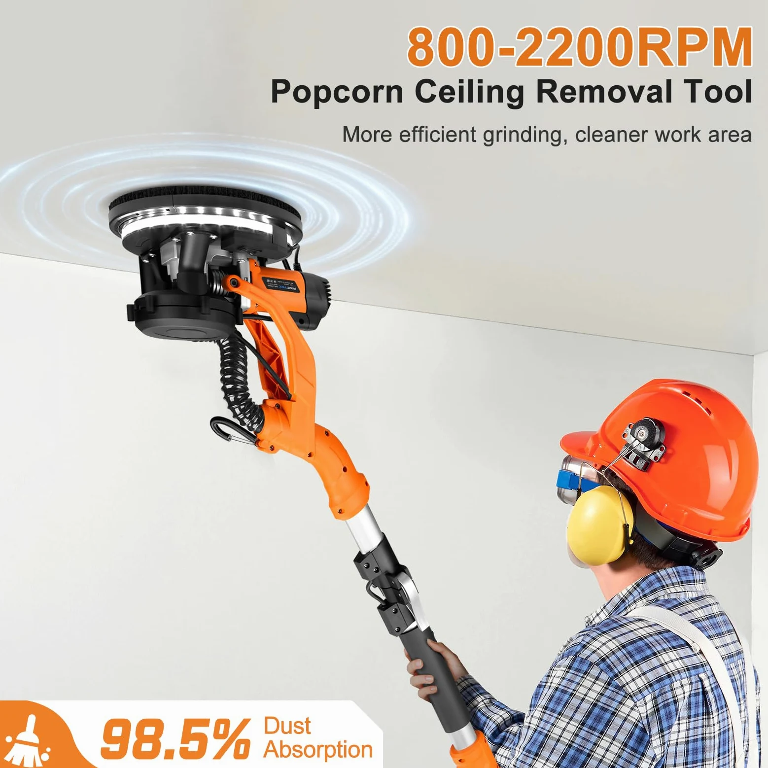 Protmex Giraffa Levigatrice, 1000W Levigatrice per Muro con Aspiratore e Luce LED 6 Velocità 800-2200RPM, Dischi di Levigatura 15pcs, Pieghevole Estensibile per Muri