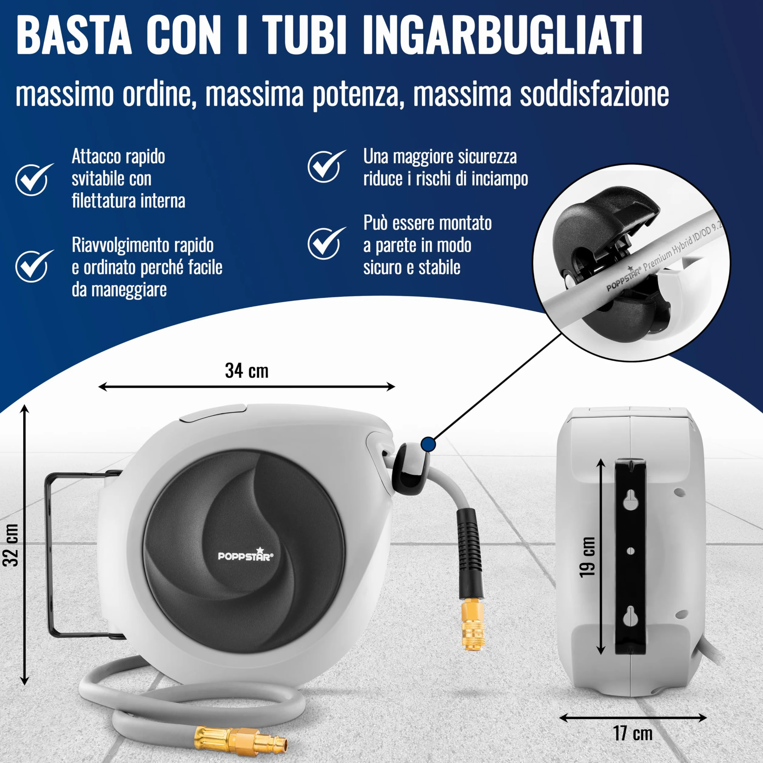 Poppstar Avvolgitubo per tubi ad aria compressa (15m+1,1m, diametro 3/8" (9,2x14mm)), attacco rapido 1/4" BSPT, avvolgitubo con tubo PVC ibrido