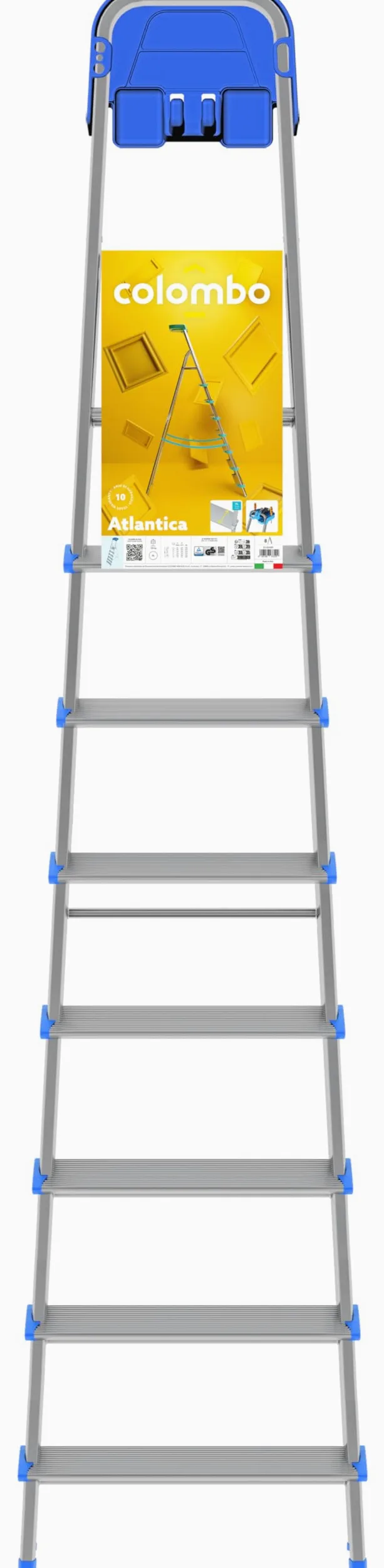 Colombo Scala Alluminio Atlantica 8 Gradini | Scala 8 Gradini Extra Large 12cm con Piattaforma Antiscivolo e Vaschetta Portautensili | Conforme EN131 TÜV-GS | Portata 150kg | Made in Italy