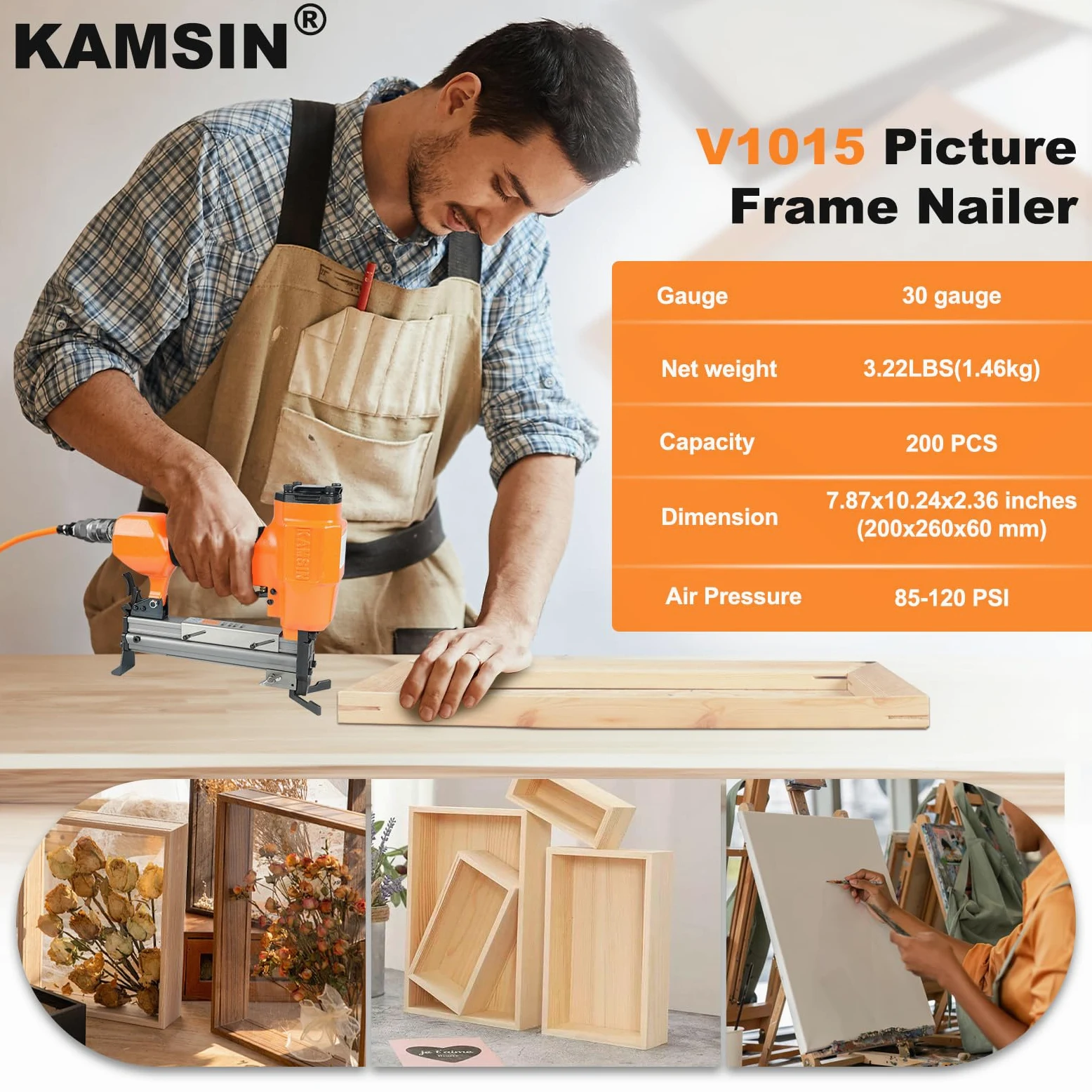 V1015 Pistola Pneumatica Professionale V-Nailer 30 Gauge per Cornici - Sparachiodi da 5/16" a 19/32" (7-15mm) per Giunzione Precisa - Ideale per Fai-da-Te e Falegnameria Professionale