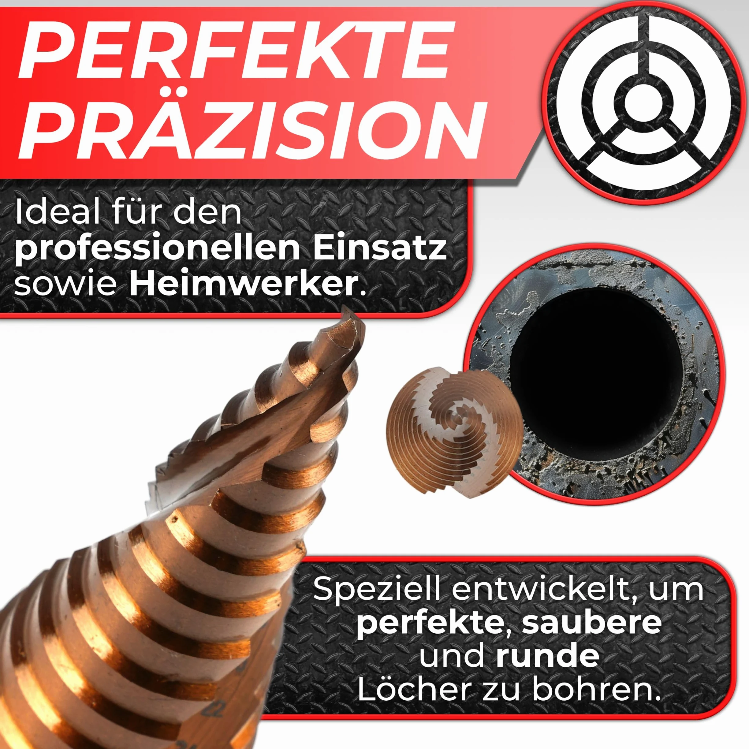 Woltersberger® Set di 3 punte a gradini HSS Powerline Spiral, punte coniche Ø 4 – 32 mm, 4 – 20 mm, 4 – 12 mm, per fori puliti, per pelapatate in metallo, alluminio e acciaio inox