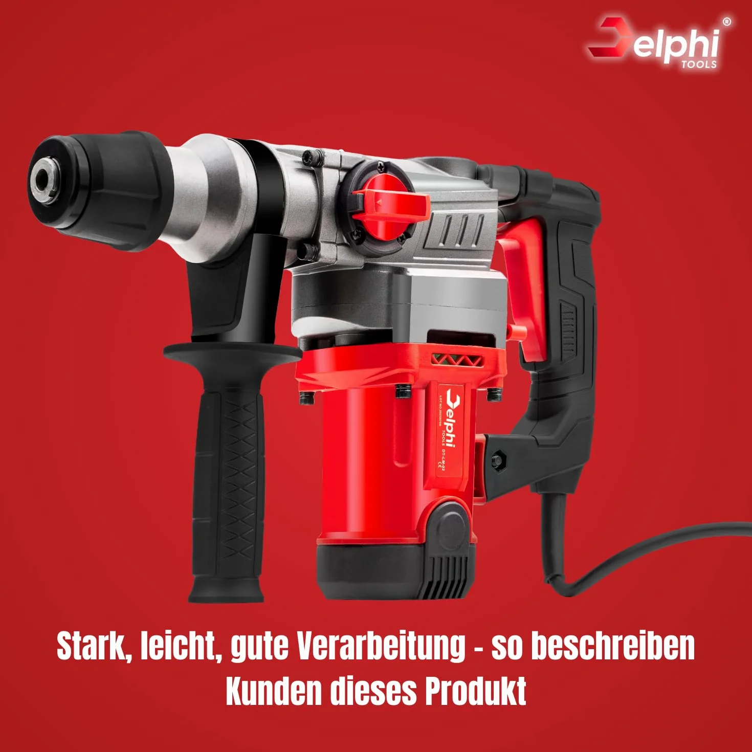 Delphi Martello Demolitore SDS Plus 2200W, Trapano a Percussione 3 Funzioni, 4J Energia d’Impatto, con Custodia, Punta e Scalpello, Cavo da 2,8m, Set di Accessori
