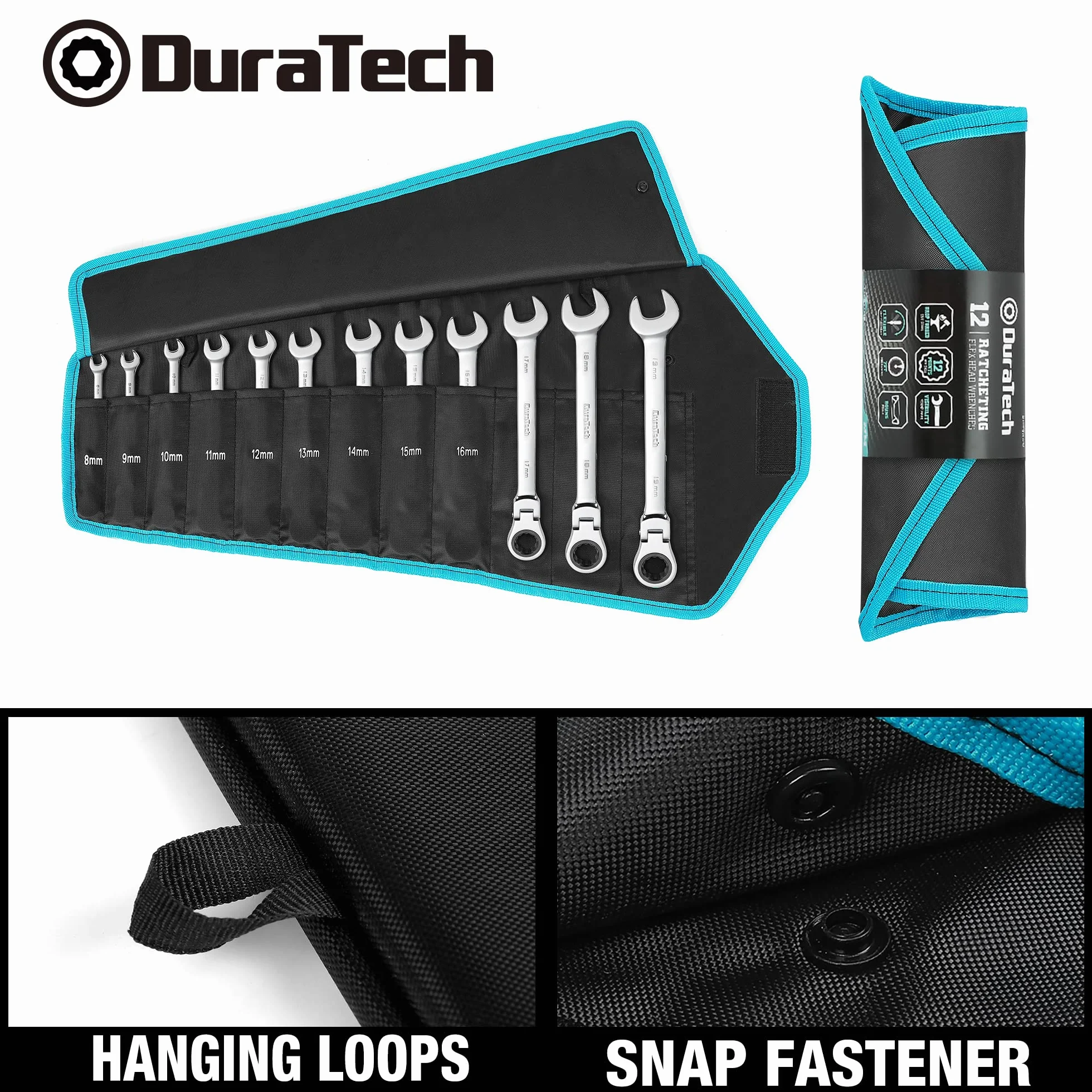 DURATECH Set di chiavi a cricchetto con testa flessibile, 12 pezzi, con cricchetto a 72 denti, acciaio al cromo vanadio, metriche, 8-19 mm
