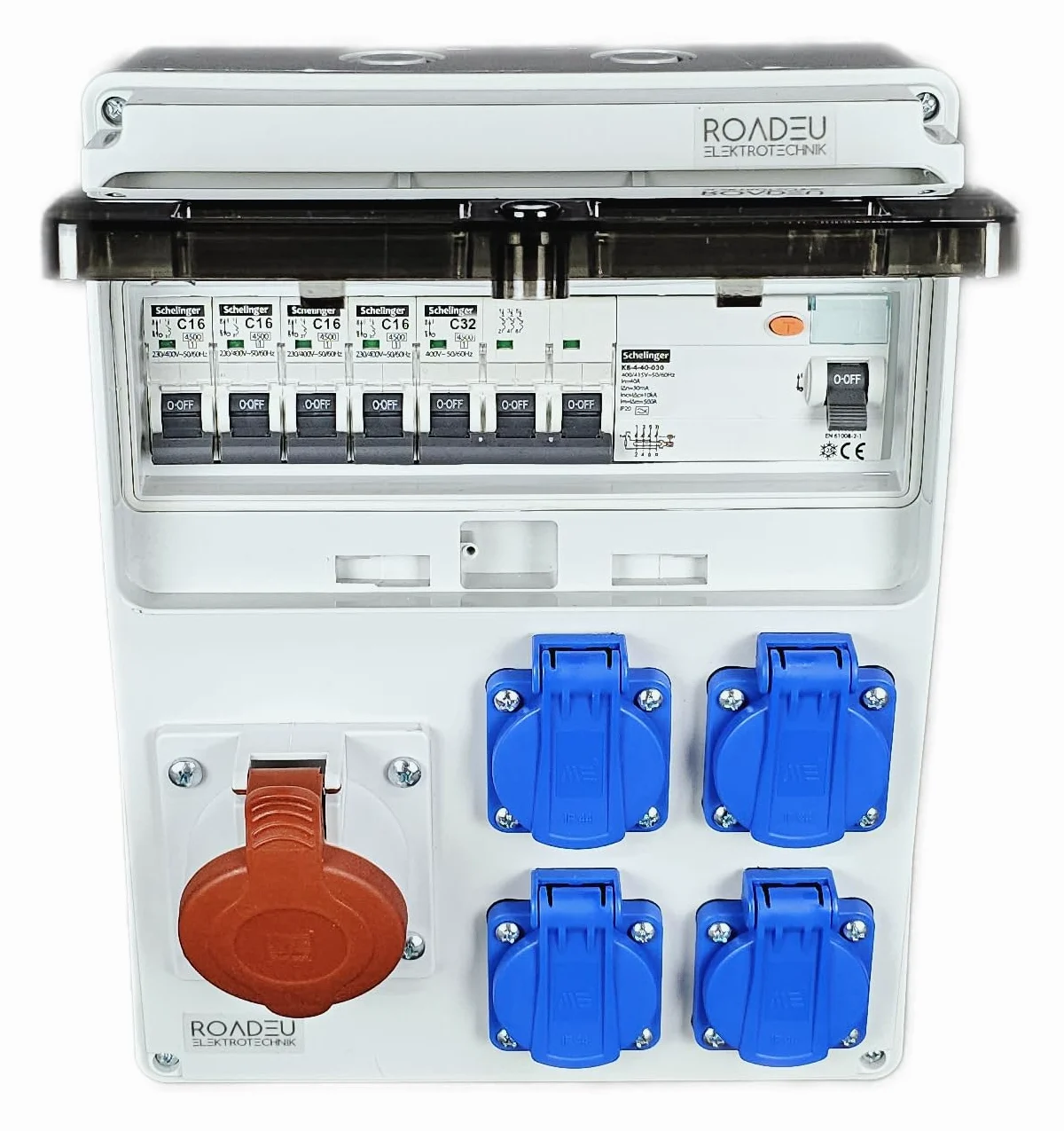 RoadEu- Quadro Elettrico di Distribuzione Industriale, presa CEE 32A con 4 prese Schuko da 230 V. Distributore di presa con interruttore di corrente residuale e interruttore automatico
