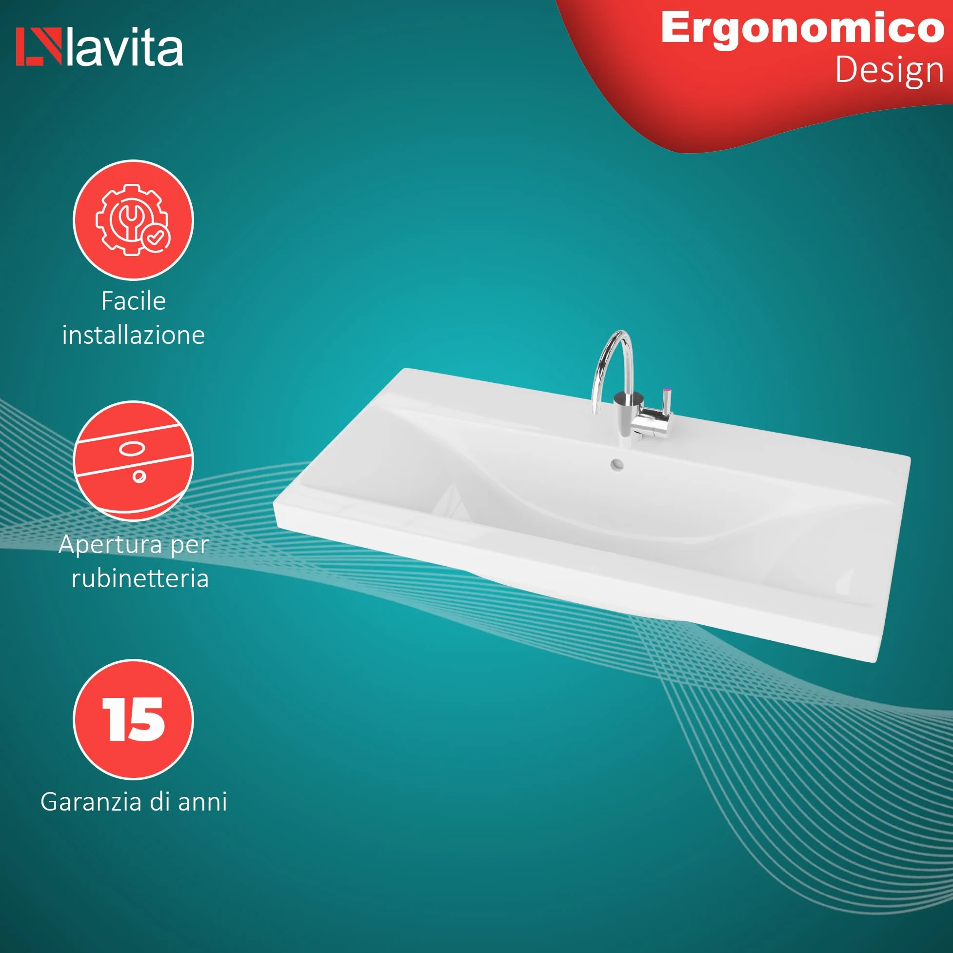 LAVITA Lavabo per mobili California 800 con troppopieno e foro per rubinetto, in porcellana di alta qualità, 81 x 39 x 17 cm, bianco lucido