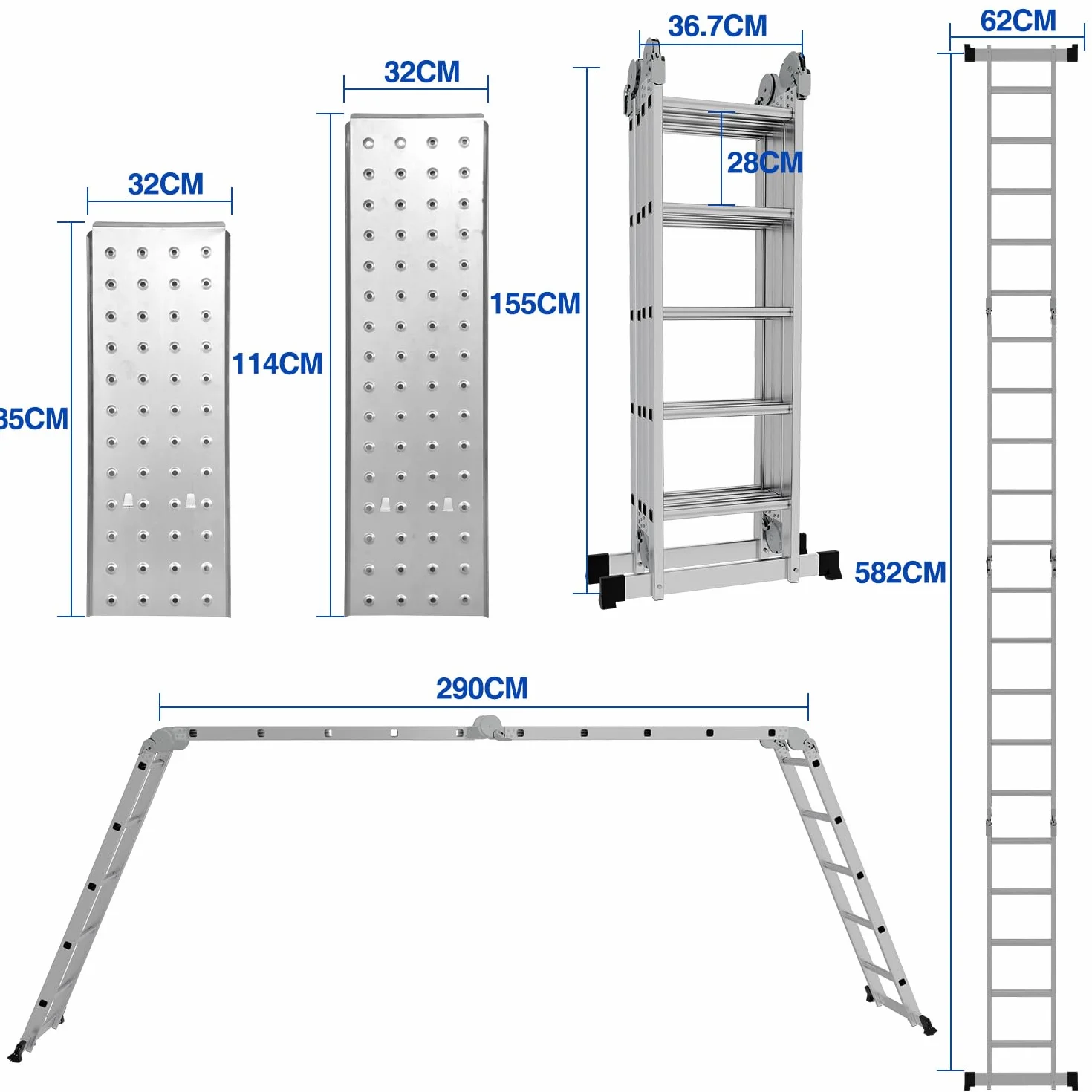 Sonnewelt Scala Multiuso in Alluminio 4x5 Gradini - 5,8 m Con Piattaforma e 2 Ponteggi - Pieghevole, 20 Gradini, Fino a 150 kg, Argento